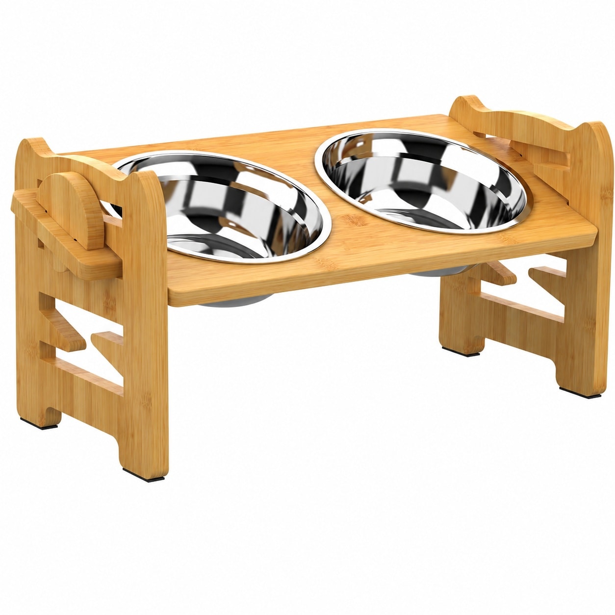 Aoibox  Adjustable Raised Dog and Cat Bowl Stand Bamboo 6 Heights 2 to 7 in 15 Degree Tilt 2 Steel Bowls