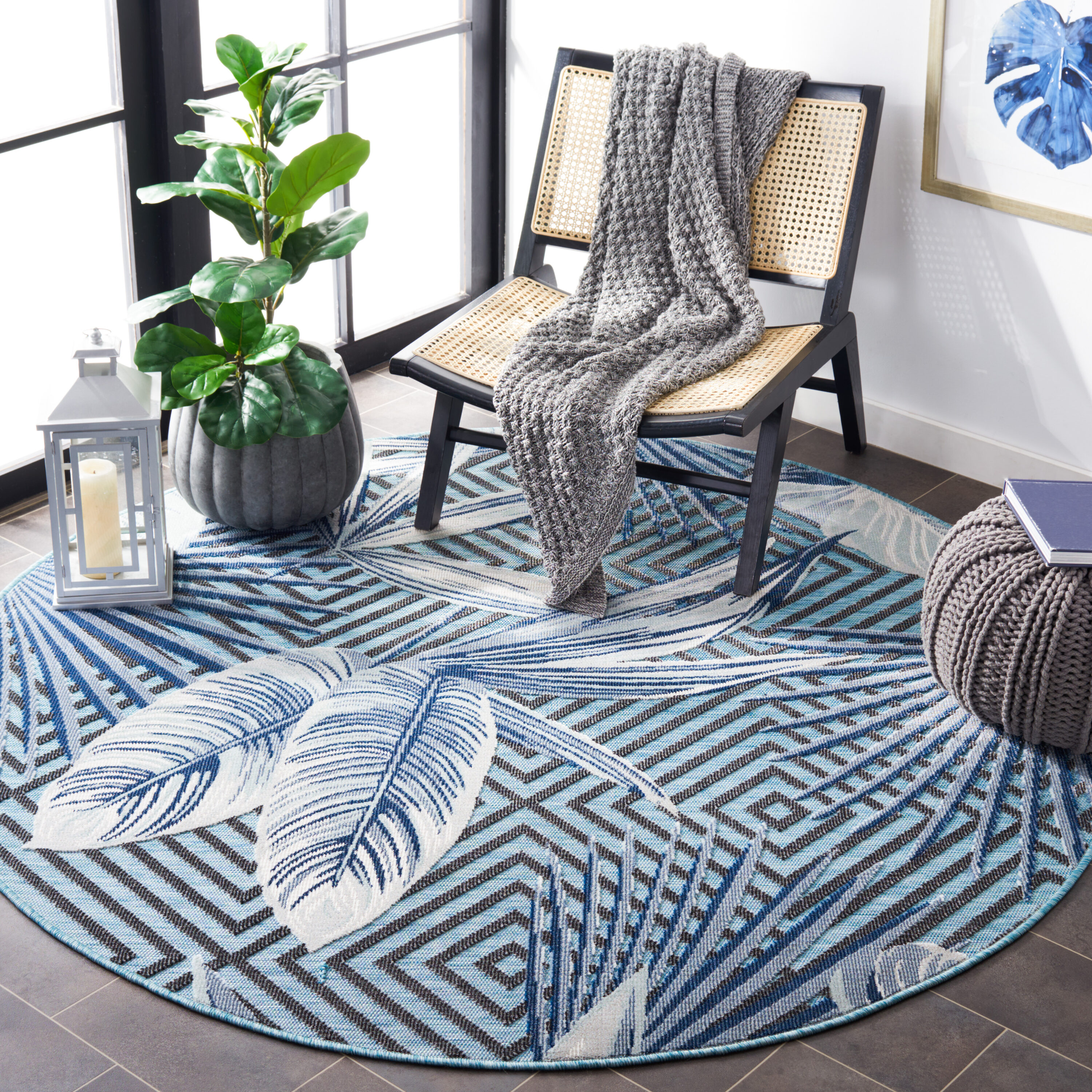 Ivory Geometric Round Synthetic Non-slip Rug