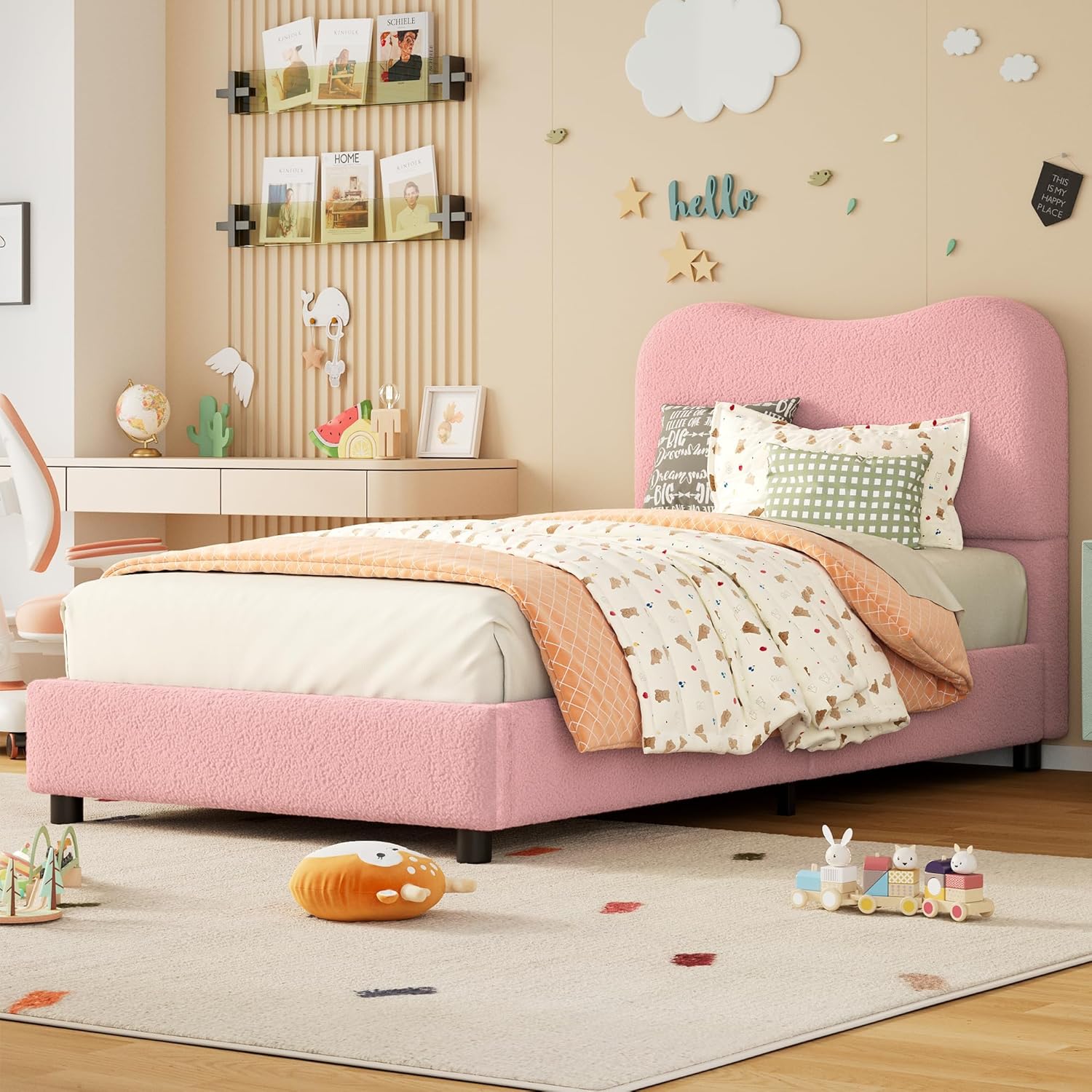 Qeetex DHZ-PHK-33JNBMLP Pink Velvet Upholstered Kids Bed Frame with Headboard Low Profile Platform Bed for Teens No Box Spring Needed Cozy Fabric Quiet and Easy Assembly Strong Wooden Slats Twin Size