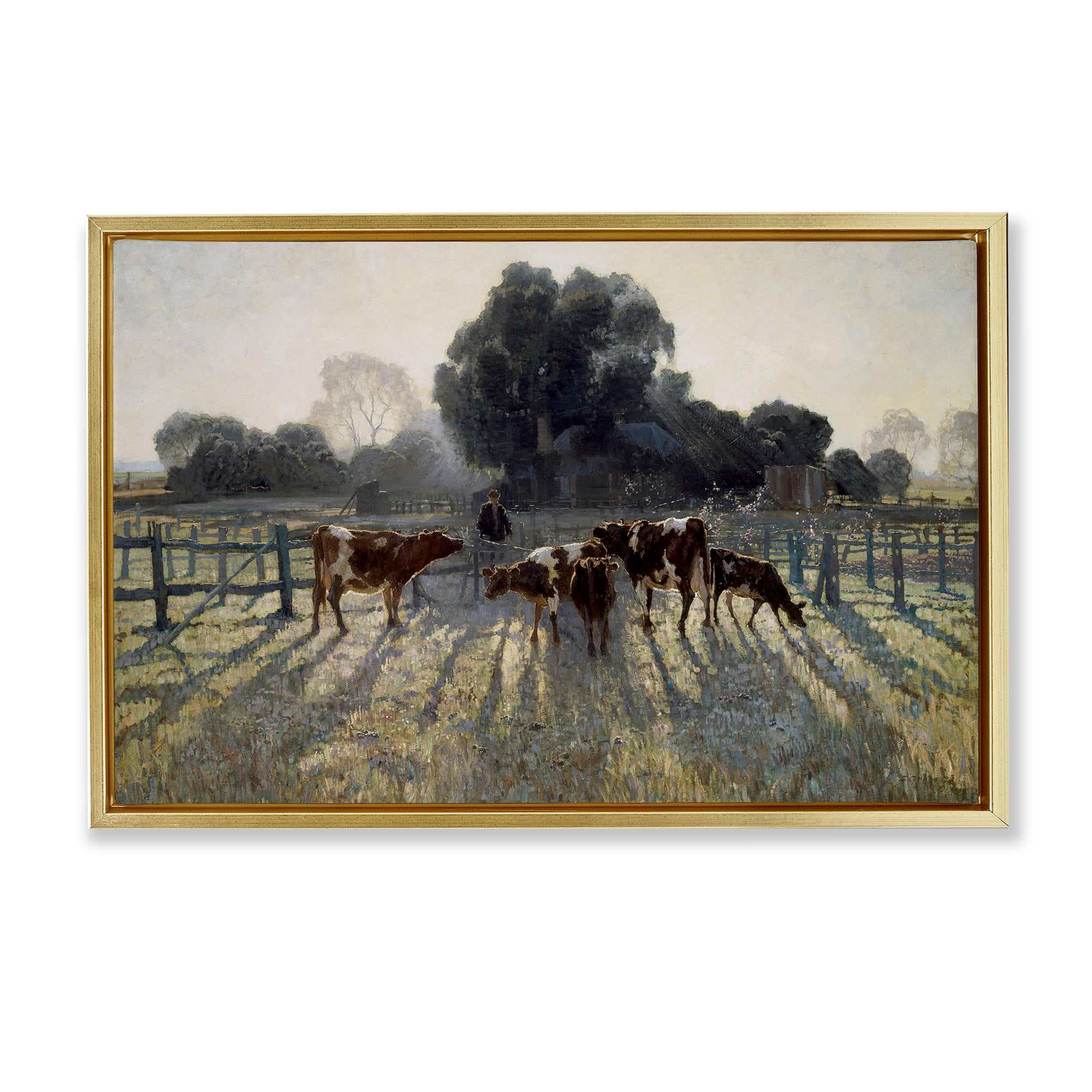 Stupell Industries BT-763-FFG-16X24 Elioth Gruner Morning Cows Gold Framed Floater Canvas Wall Art By Arlington Prints 25 x 17