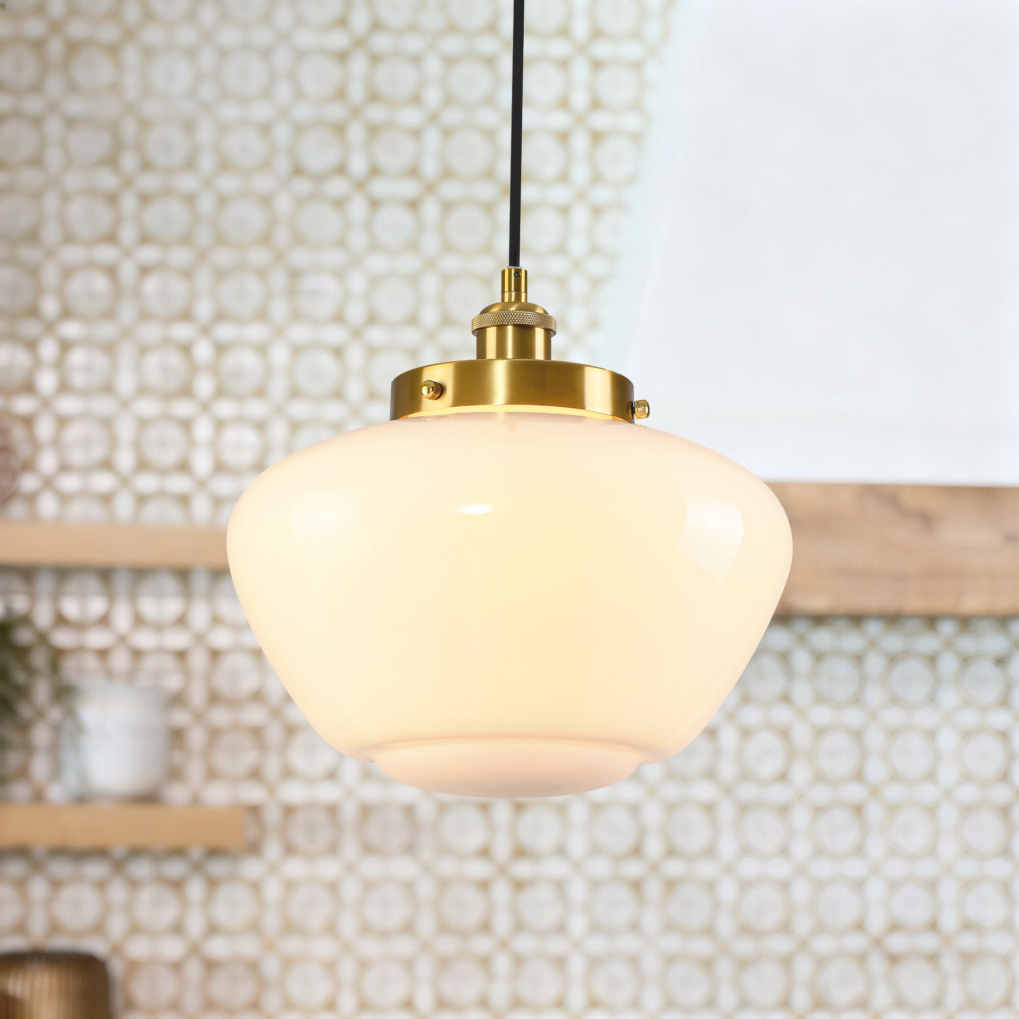 Rennnsan Boatner 1 -Light Brushed Brass Industrial Opal glass Globe Medium Hanging Pendant Light