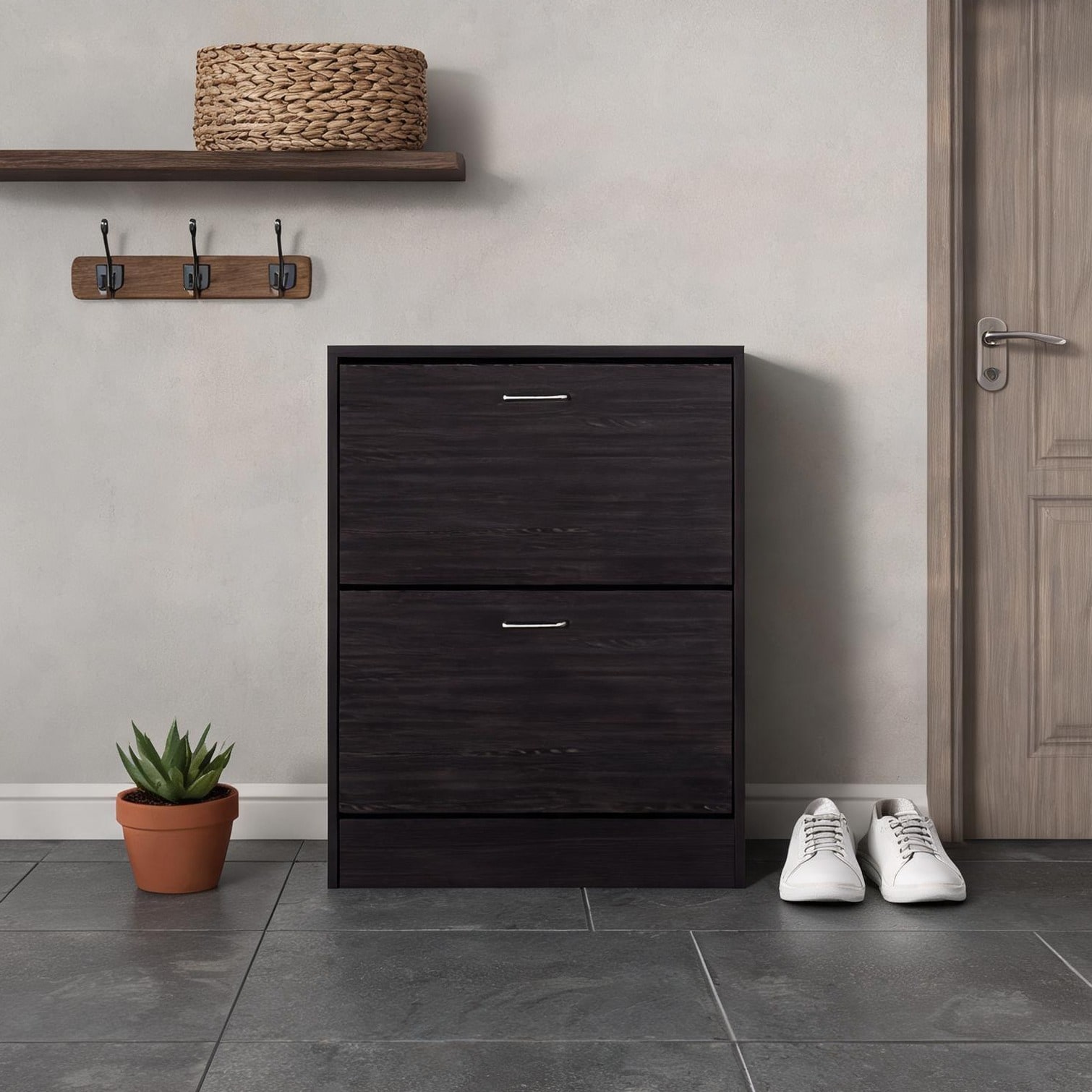 chillscreamni Modern Shoe Cabinet in Deep Black 2-Door Concealed Storage 31.5-Inch Engineered Wood