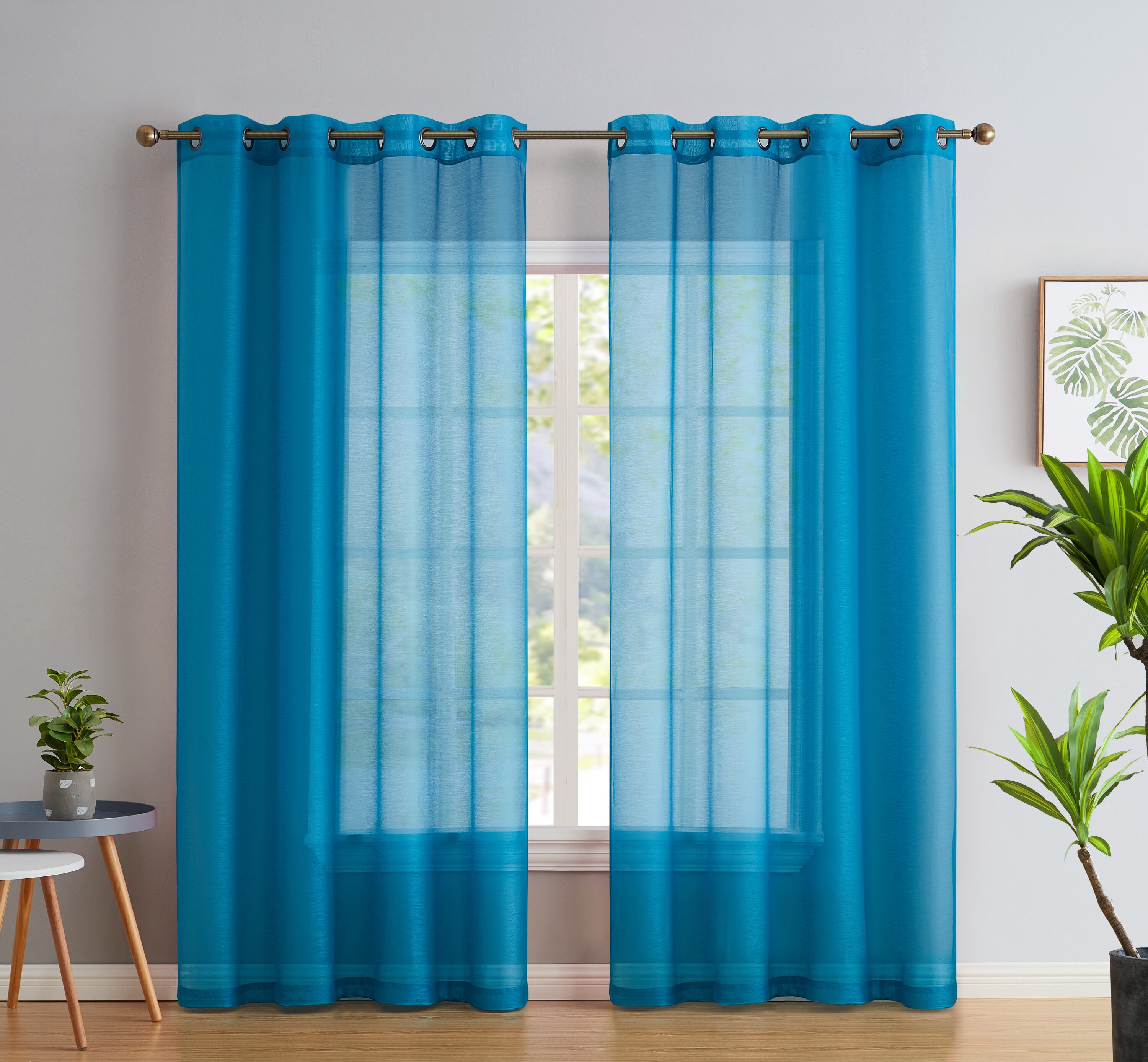 HLC.me SHR-GR-TURQ-63 63-Inches Turquoise Semi-sheer Grommet Curtain panel pair