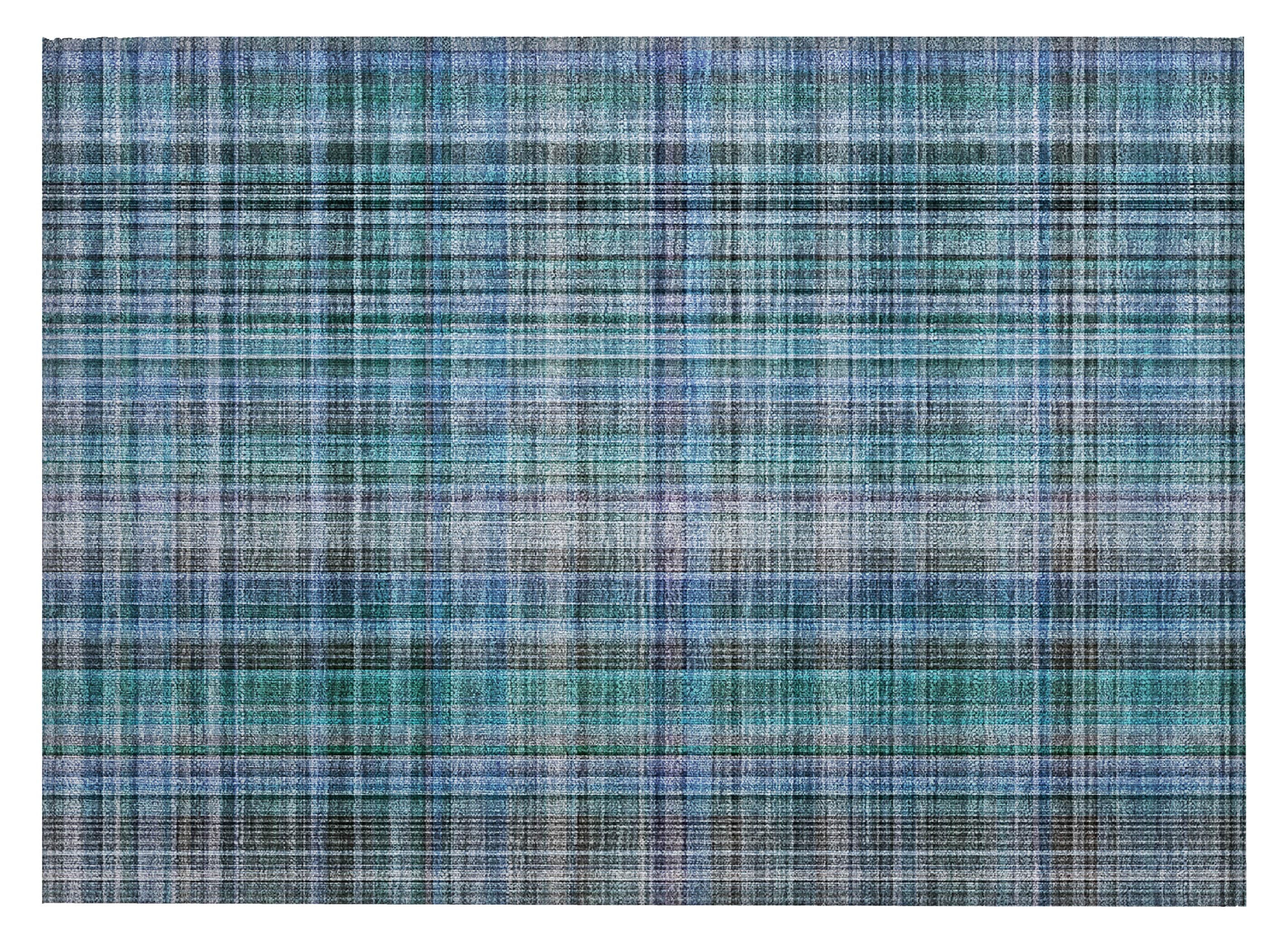 Teal Plaid Machine-Washable Synthetic Indoor/Outdoor Rug