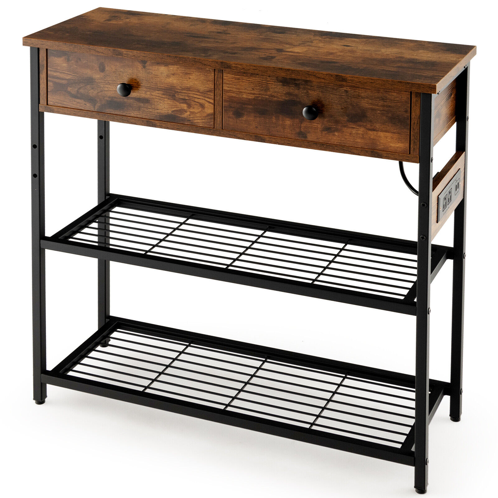 Slickblue D-CO-FC-SU14801VJ Compact Storage Console Table - Rustic Brown/Grey Oak Wood Top 32-Inch Table – Anti-Tip Kits USB/AC Charging and 2 Drawers - Suitable for Living Room or Office
