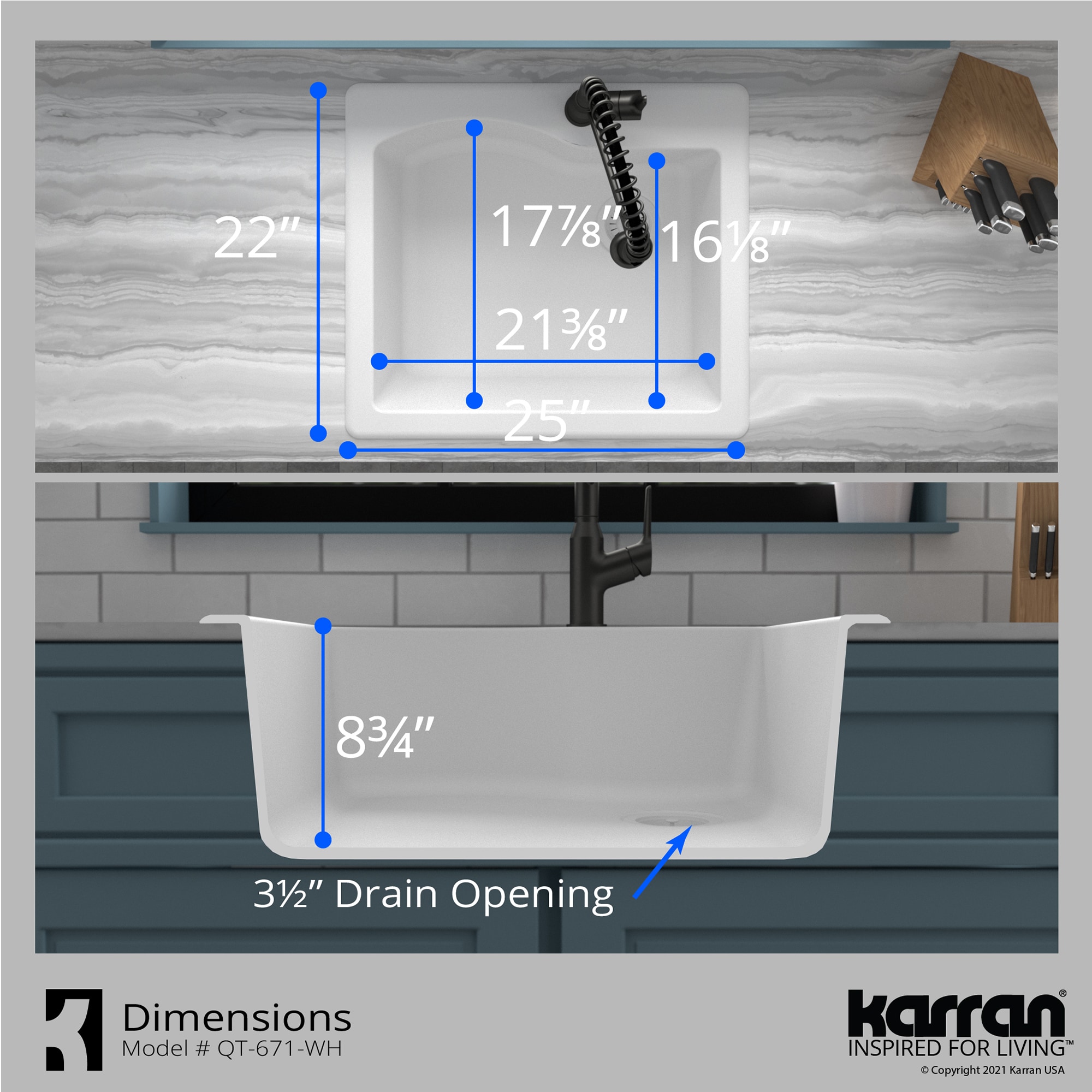 Karran Drop-In 25-in x 22-in White Quartz Single Bowl 1-Hole Kitchen ...