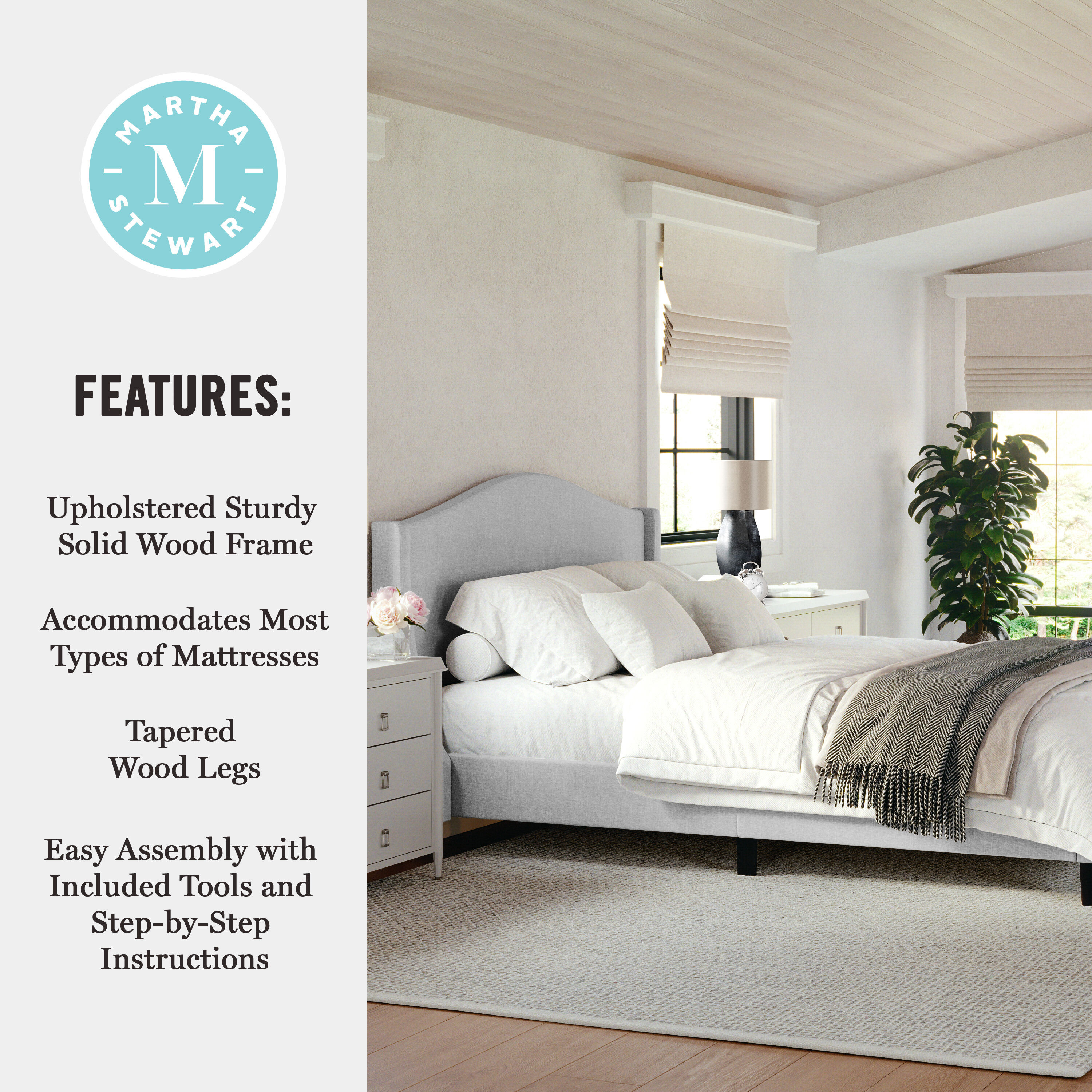 Gray Queen Upholstered Platform Bed with Curved Headboard and Wood Frame