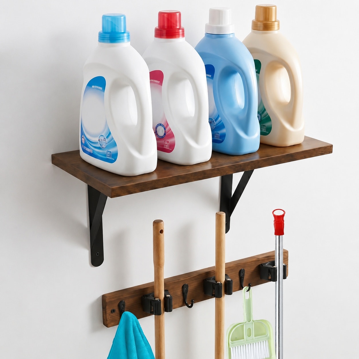 KHKFY Wooden Broom Holder Wall Mount with Hooks and Shelf for Laundry Room Garage Tool Storage Organizer durable home and #LKH0817H317