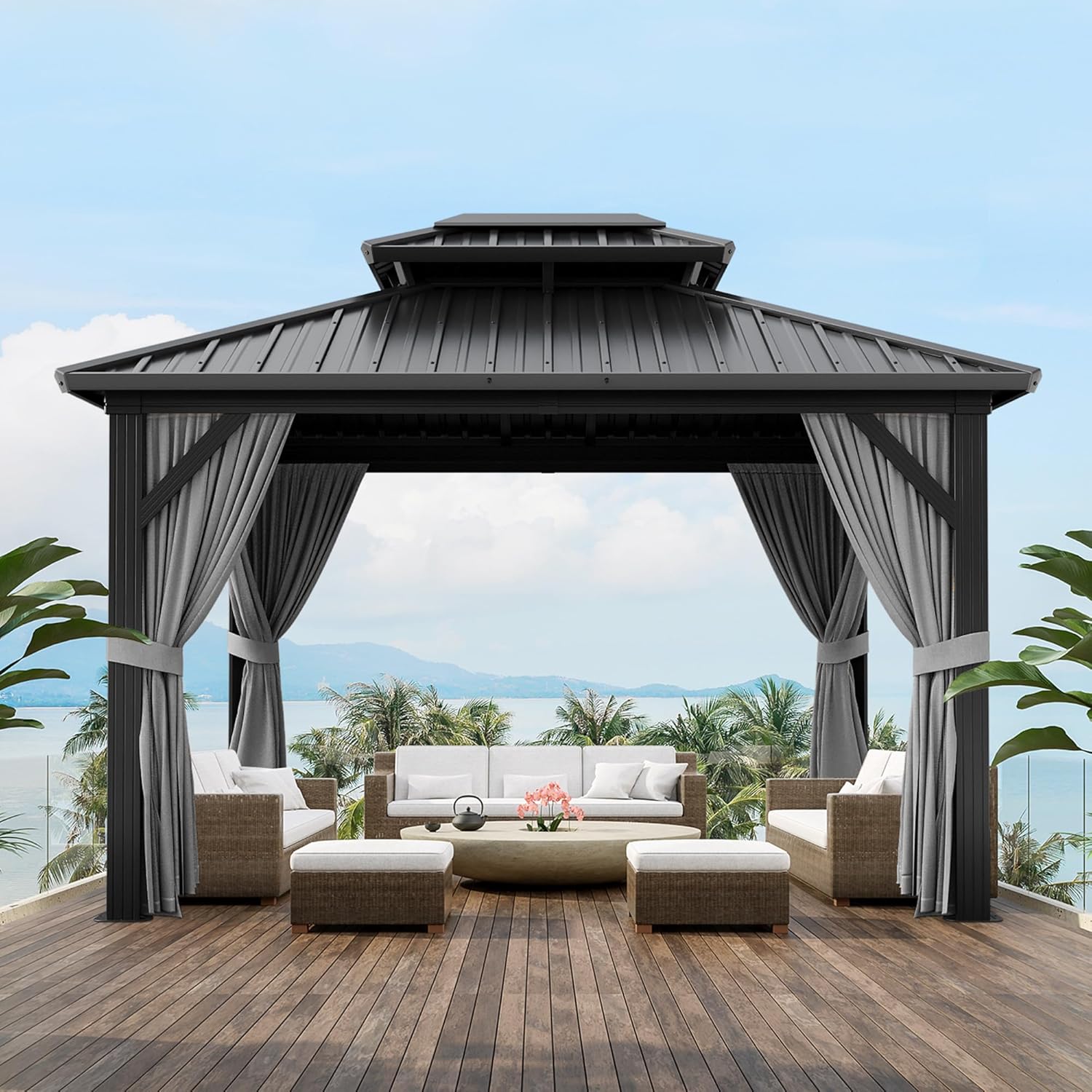 WhizMax LRB-VAM-1EPPG65V 10x10ft Aluminum Frame Gazebo Outdoor Double Roof Canopy Galvanized Steel with Net and Curtain