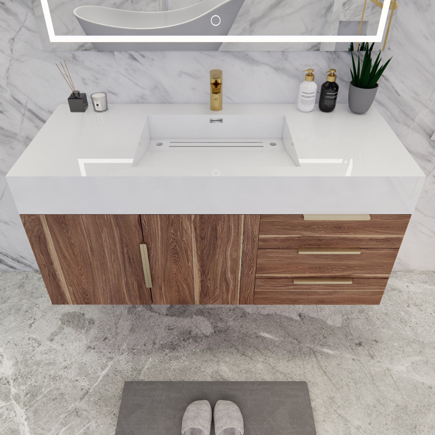 Close-up of sink basin on white countertop with wood veneer cabinet below