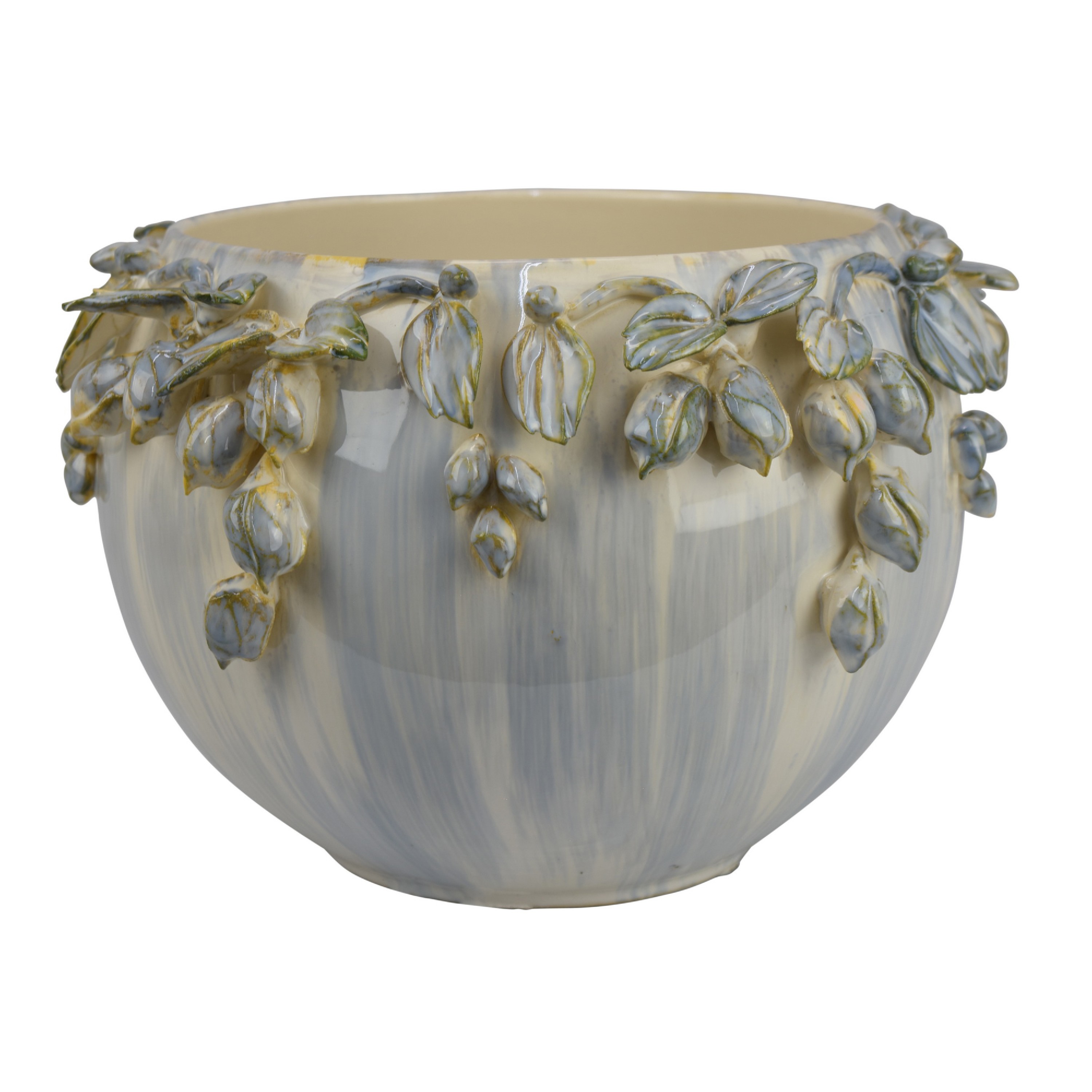 Decorative Bowl Planter - White Ceramic with Floral Garland Rim - 12 Inch