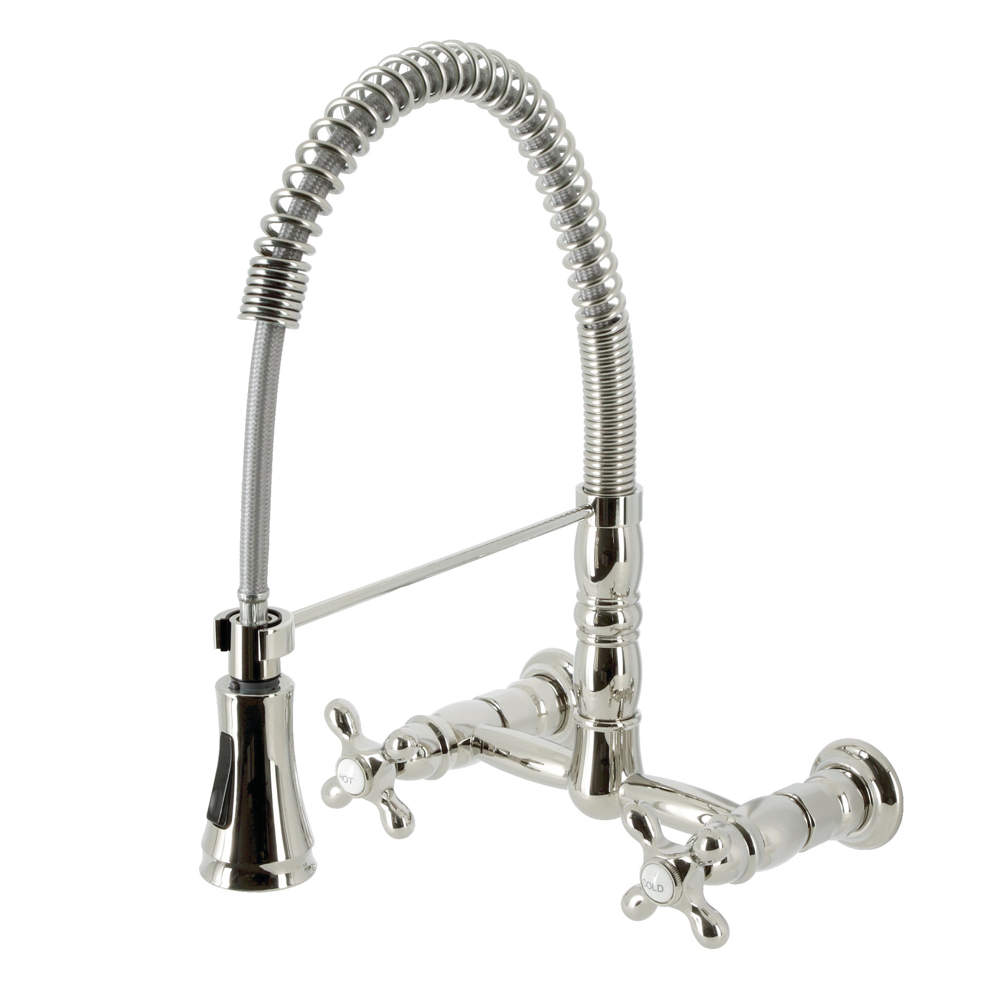 Kingston Brass WLGS1246AX Polished Nickel Double Handle Wall-mount Pull-down Kitchen Faucet