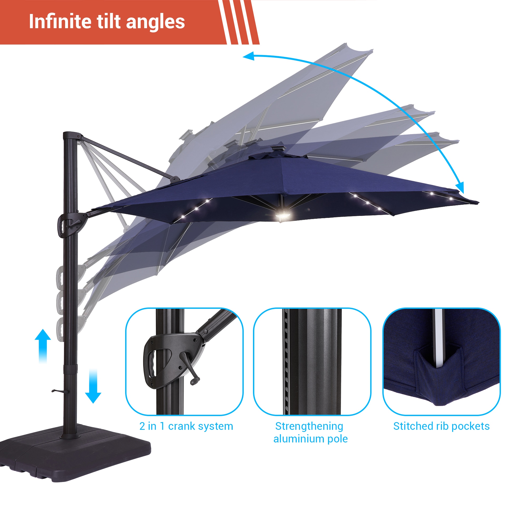 Acegoses 11-ft Aluminum Navy Cantilever Patio Umbrella With Lights And 