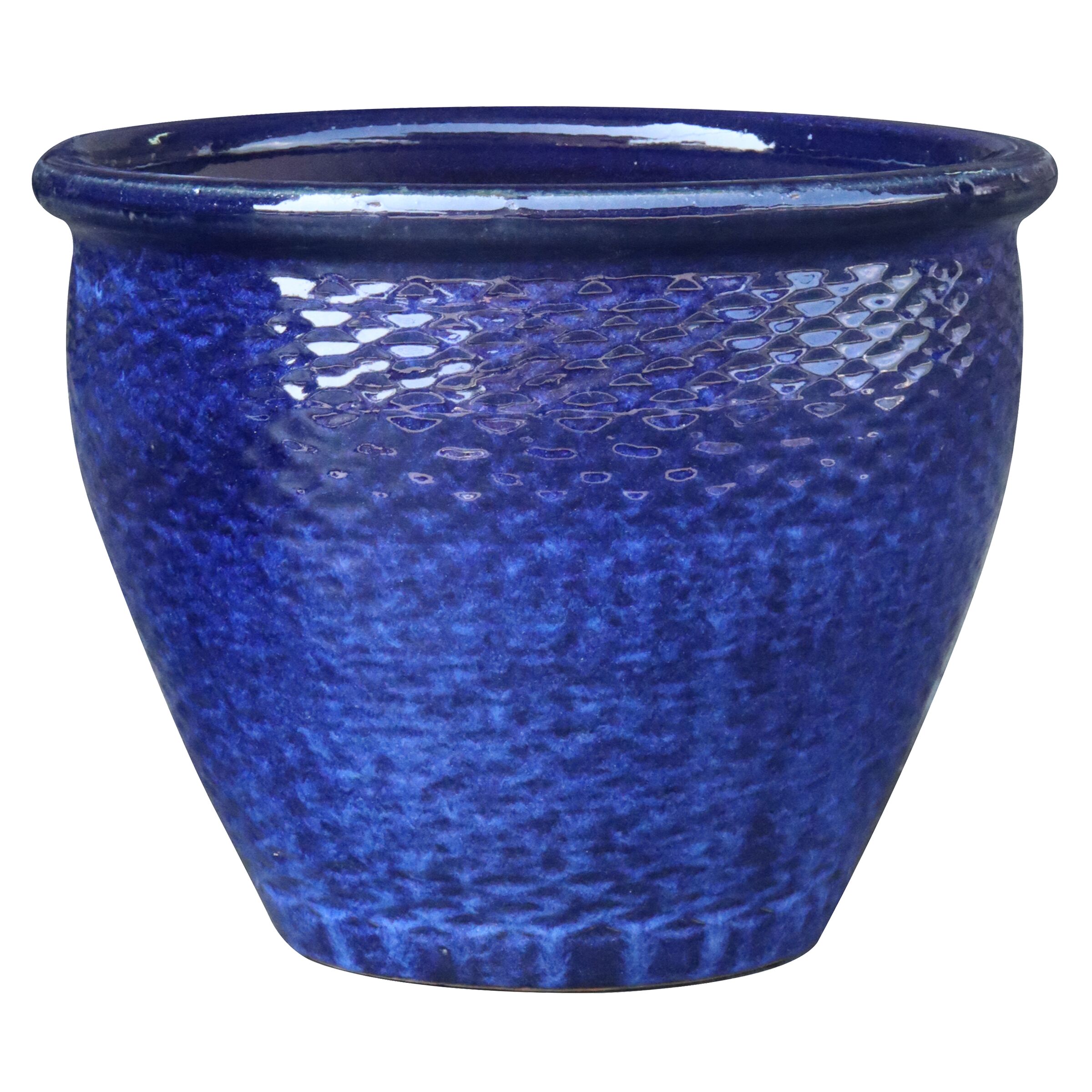 allen + roth GO2025-125 Round 7.7-in W Small Blue Glazed ceramic Indoor/Outdoor Planter with Drainage Holes