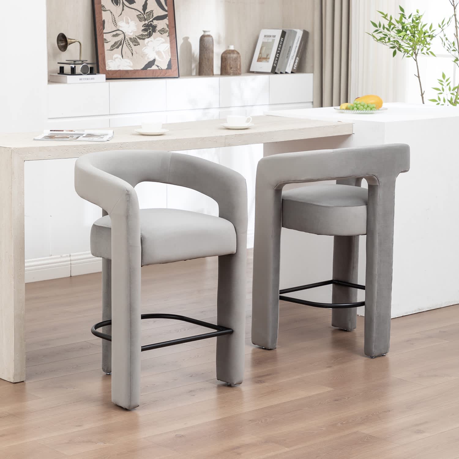 SEYNAR Modern Velvet 34.6''H Fixed Height Open-Back Bar Stool with