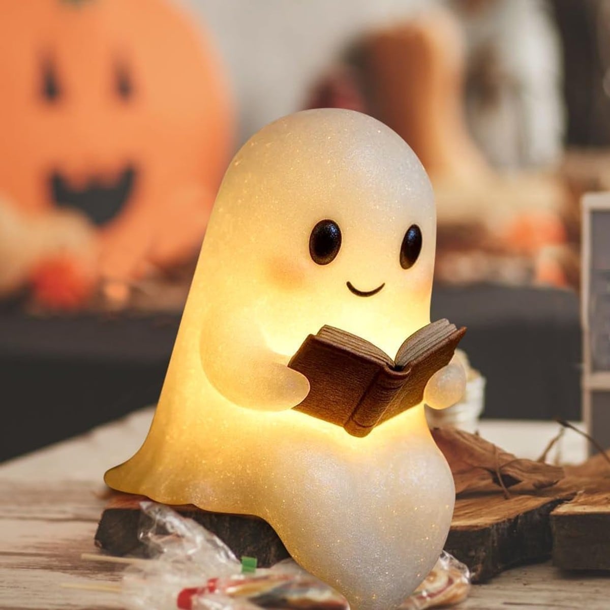 LIUSXAQI  2 Pack Halloween Ghost Reading Book Lamp Night Light 6 Inch Resin Desk Lamp with Warm Glow for Bedroom Shelf Mantel Decor