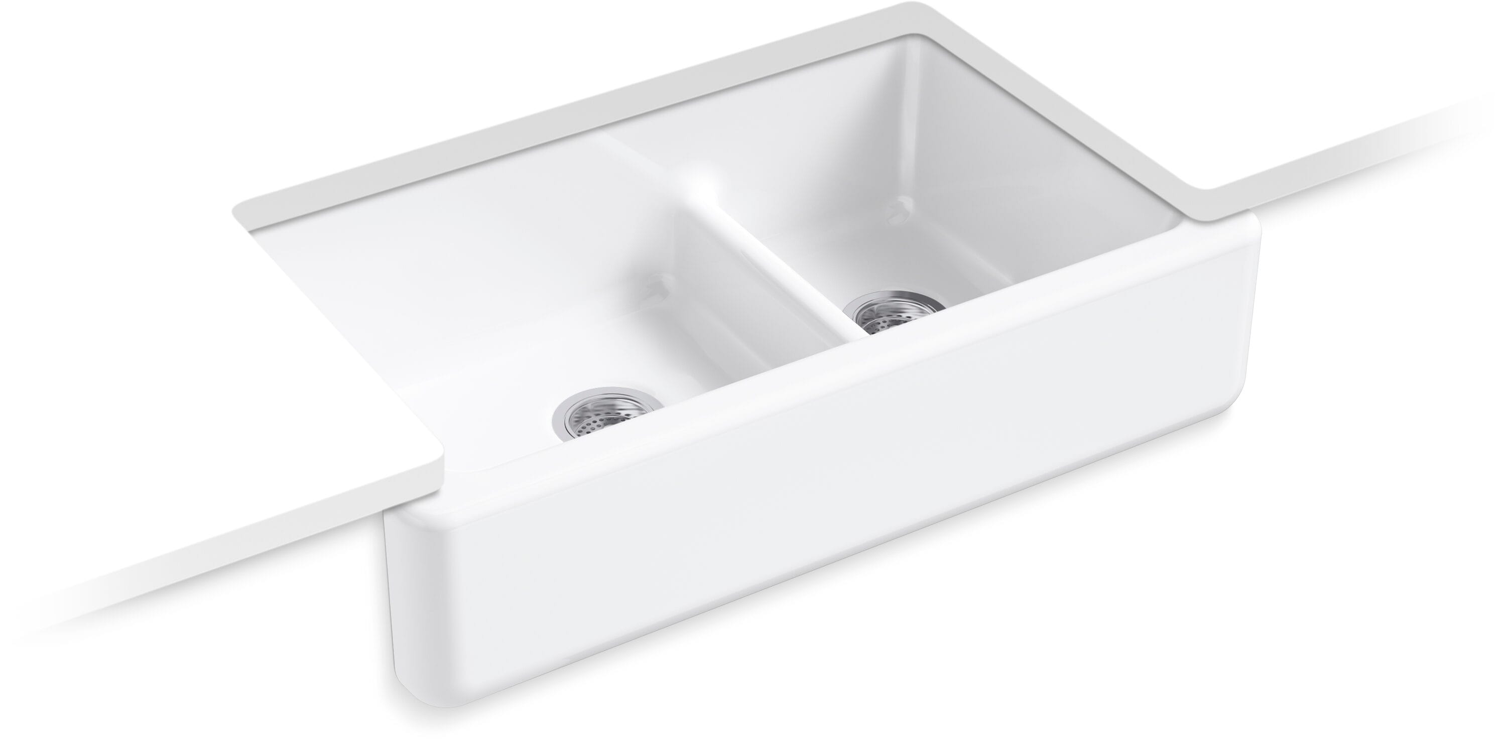 KOHLER Whitehaven Farmhouse Apron Front 35.69-in x 21.56-in White Cast Iron Double Offset Bowl Kitchen Sink