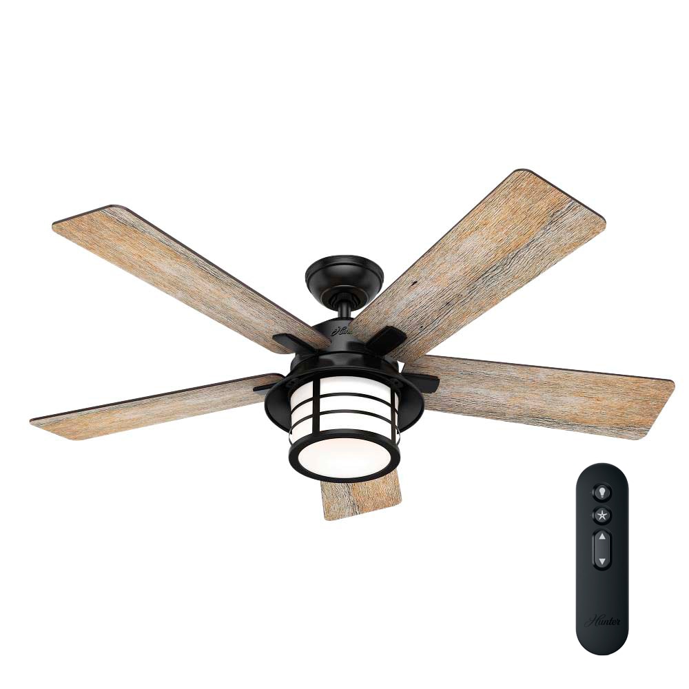 Lantern Bay 54-in Matte Black LED Indoor/Outdoor Downrod or Flush Mount Ceiling Fan with Light Remote (5-Blade) | - Hunter 59581