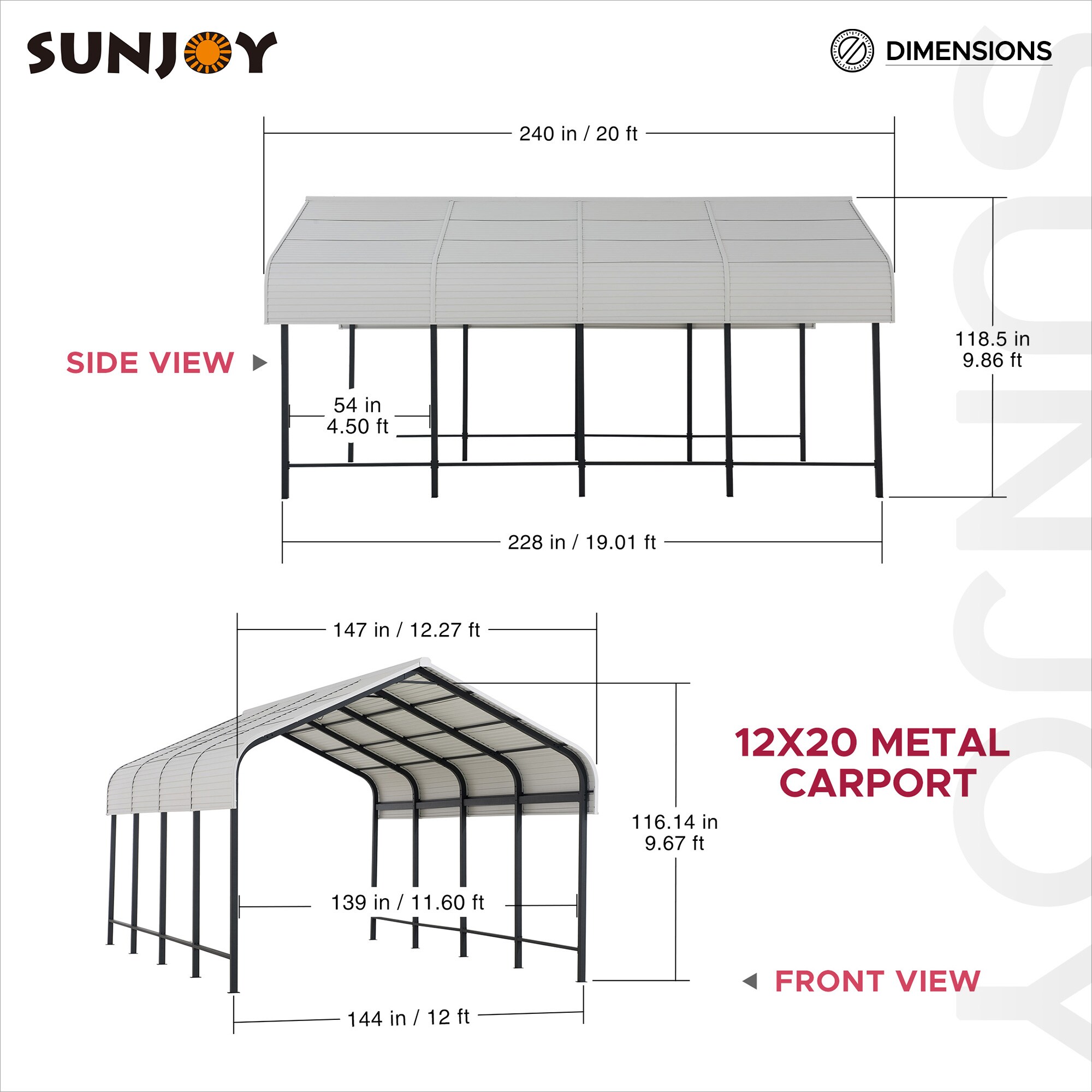 White 12' x 20' Heavy Duty Metal Carport Kit
