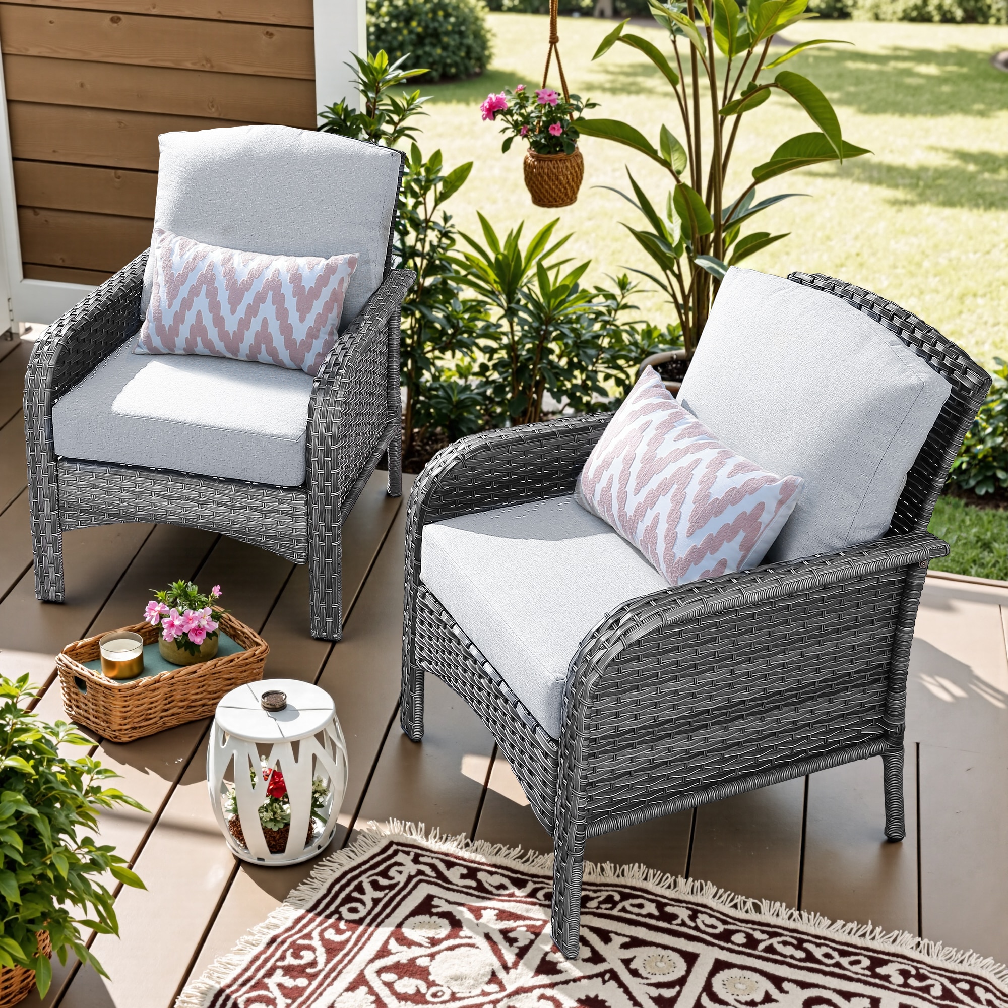 weaxty HMBGNDS400Z2 Initial Set of 2 Wicker Black Steel Frame Stationary Conversation Chair with Gray Cushioned Seat