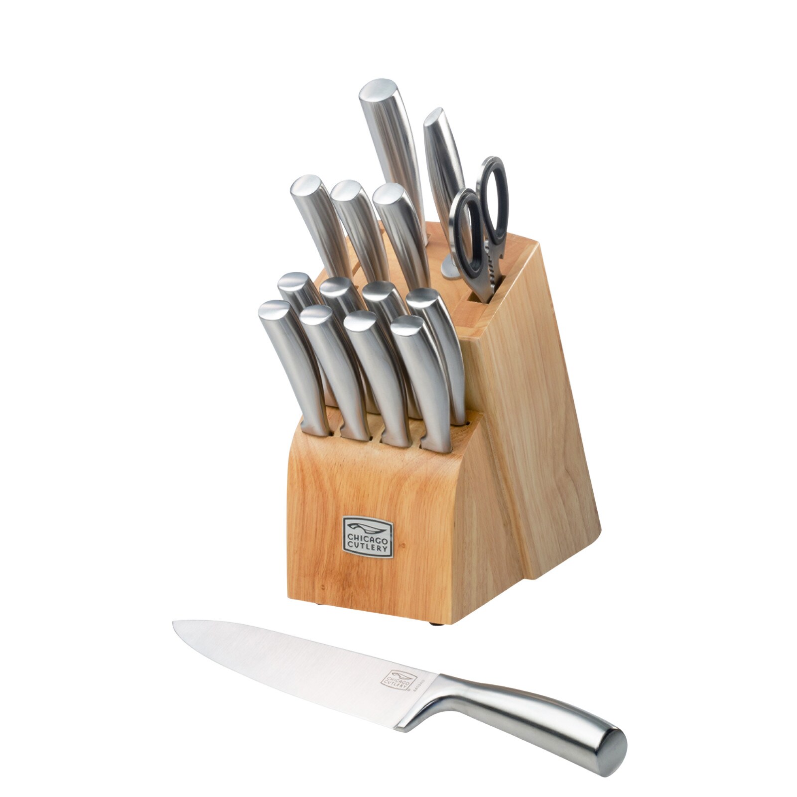 Chicago Cutlery ProHold Coated 14 pc Block Set - Stainless Steel Blades,  Plastic Handles, Includes Chef, Bread, Utility, Santoku Knives and Steak