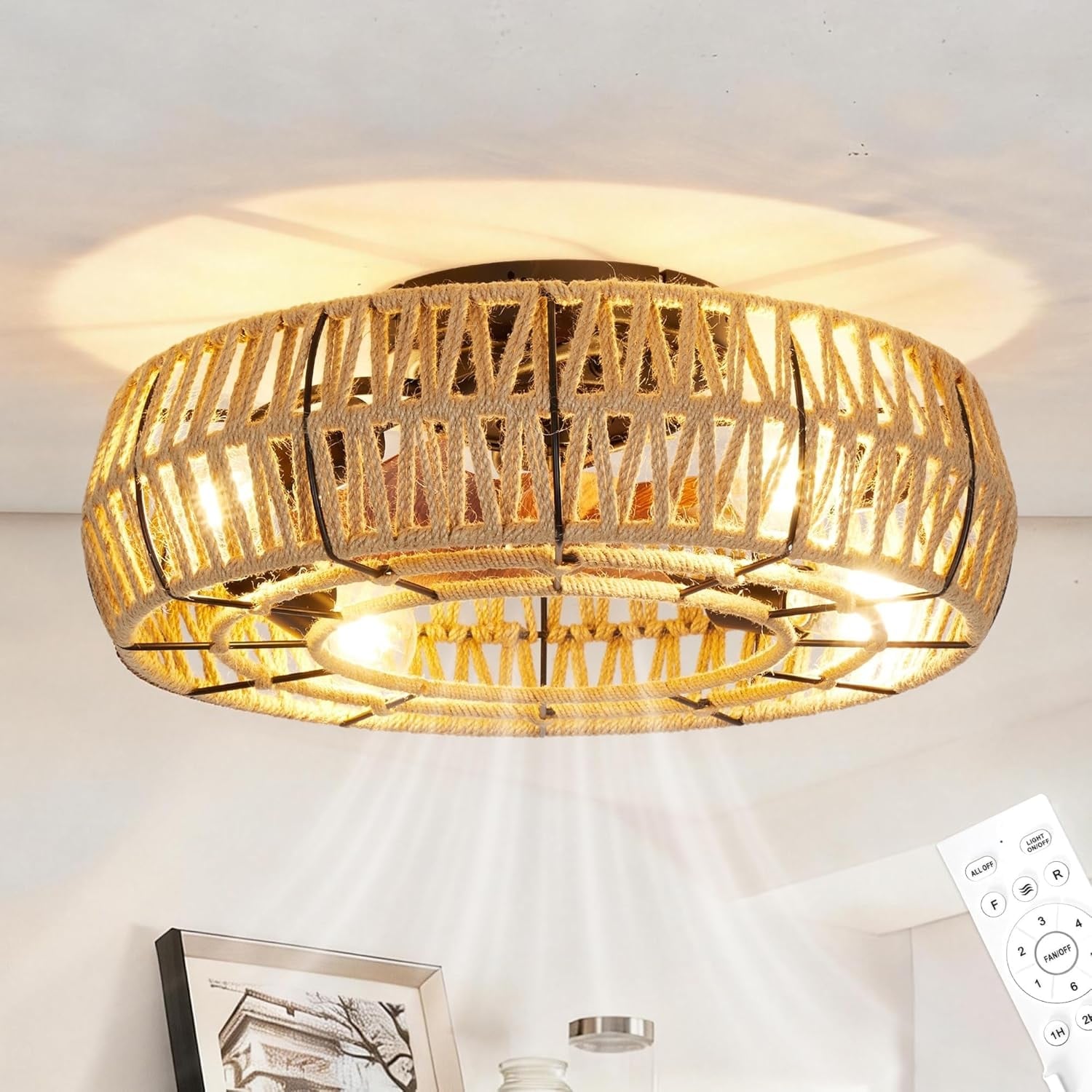 Garvee 20-in Flush Mount Caged Ceiling Fan with Light Handwoven Hemp Rope Shade Remote Control 6-Speed Reversible Quiet Motor for Bedroom Living Room