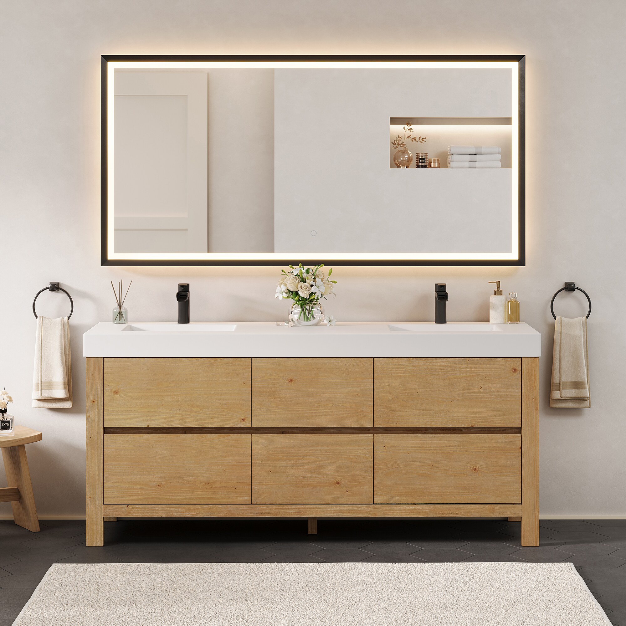 Altair 574072-WF-WH Cascadia 72-in Weathered Fir Double Sink Bathroom Vanity with White Engineered Stone Top (Mirror Included)