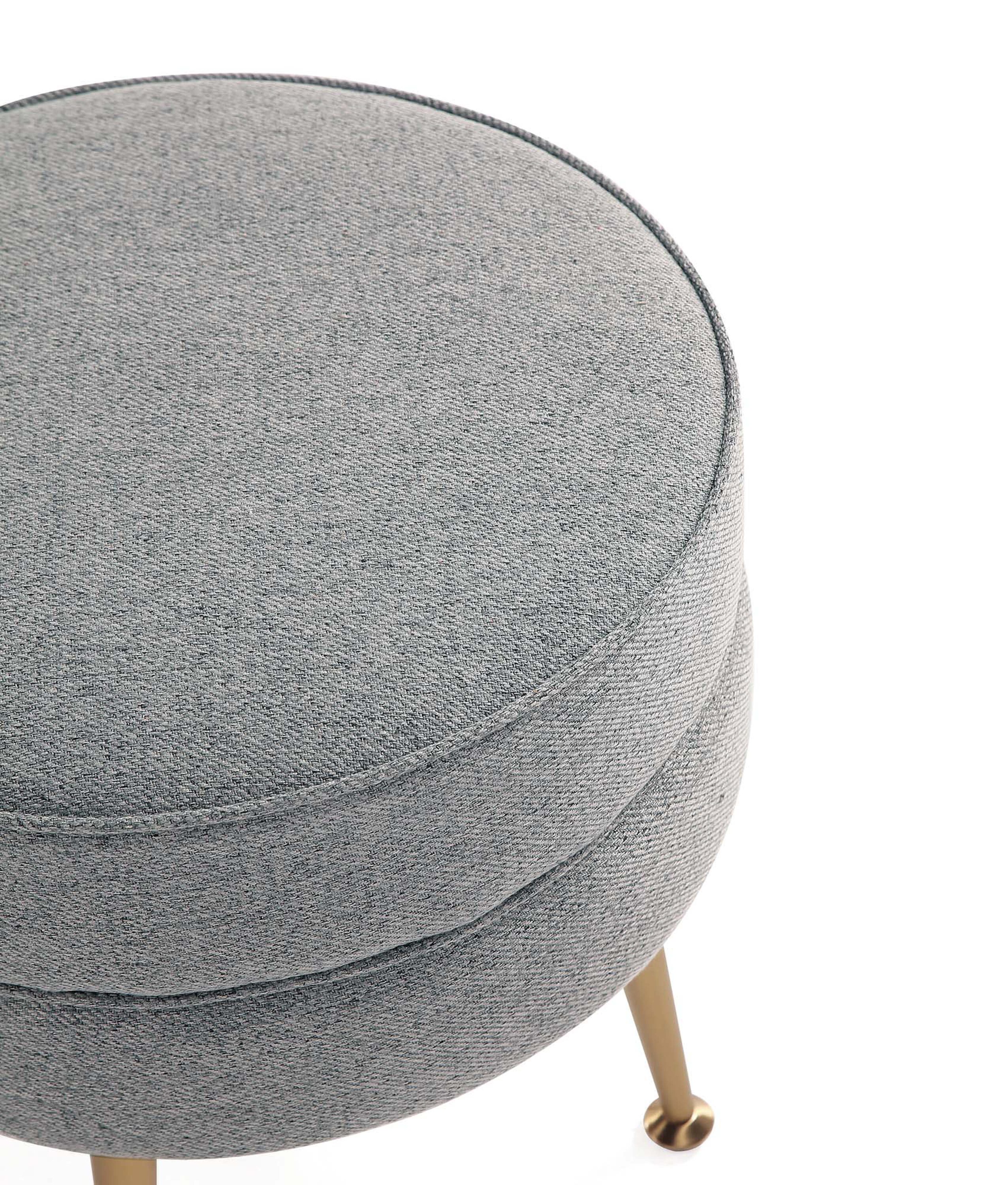 Bailey Round Gray Upholstered Ottoman with Gold Legs