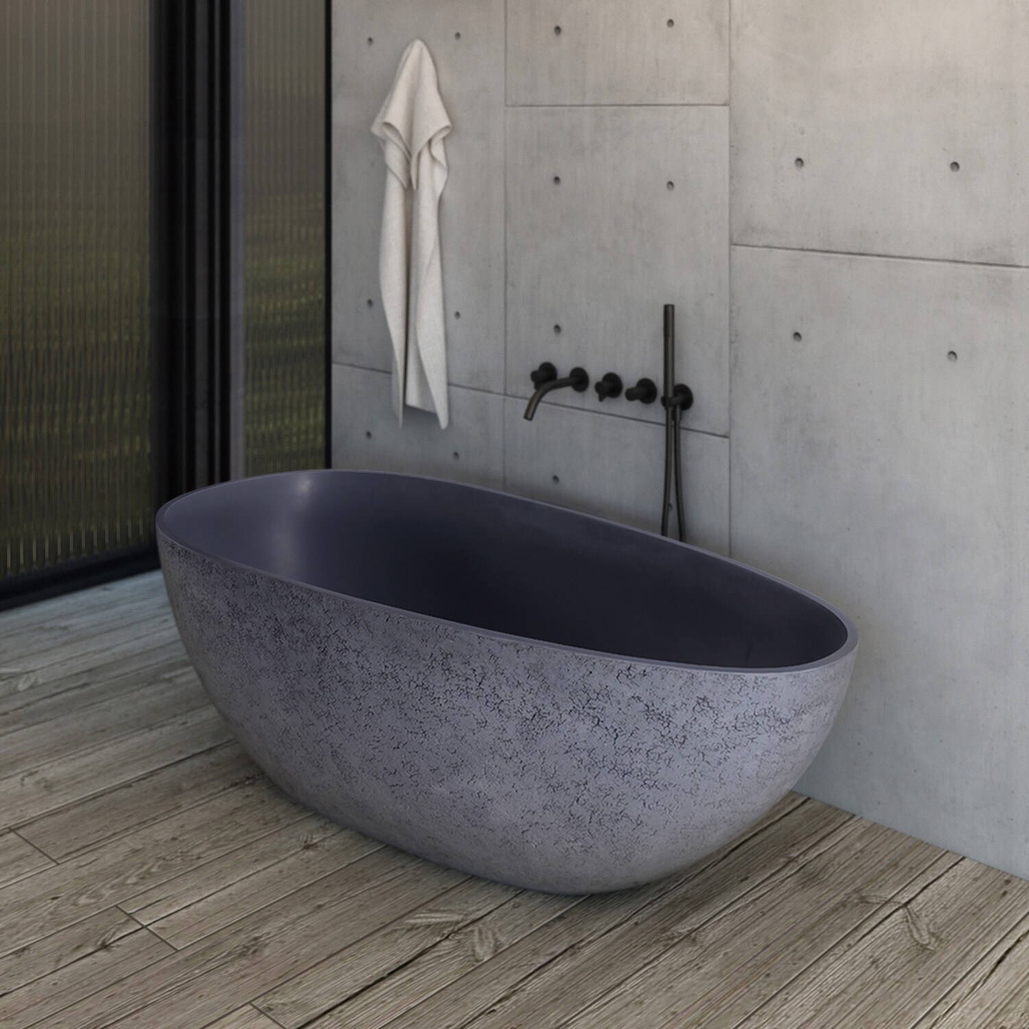 GDFStudio Modern Contemporary 65.2 in Solid Surface Freestanding Soaking Bathtub with Ergonomic Design and Durable Construction Easy Installation and Matte Finish - Cement Grey