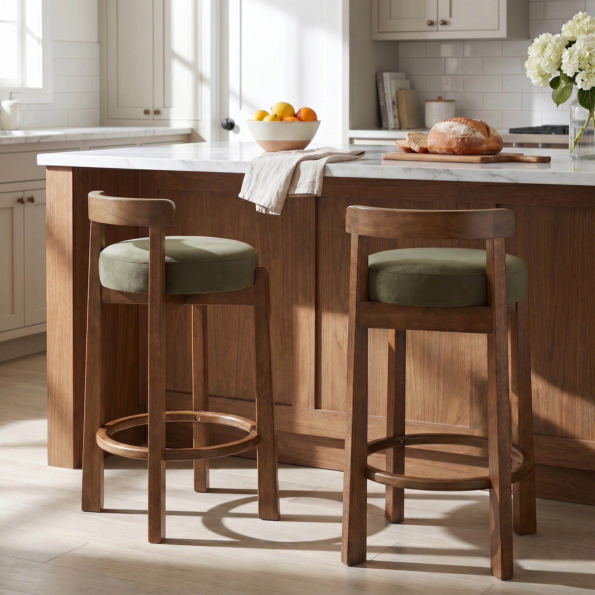 MiniEpic Modern round seat bar stool set of 2 green upholstered counter height chairs