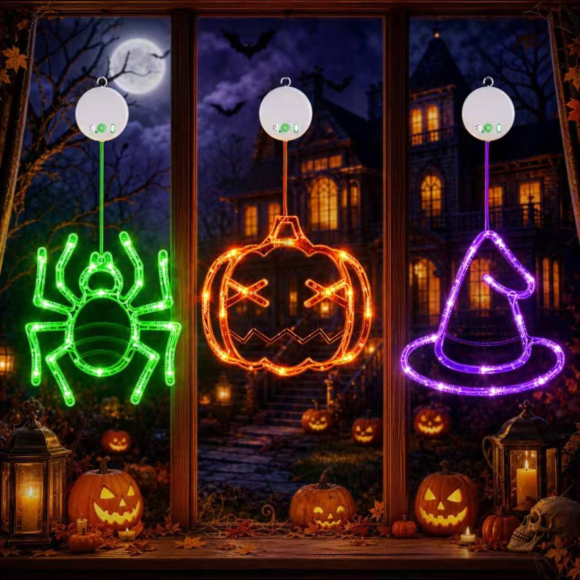 OGETFUUR 3 Pack Pumpkin Spider Witch Hat Halloween Window Lights in Orange Green Purple for Indoor Window Decor featuring 8 Flashing Modes and Timer