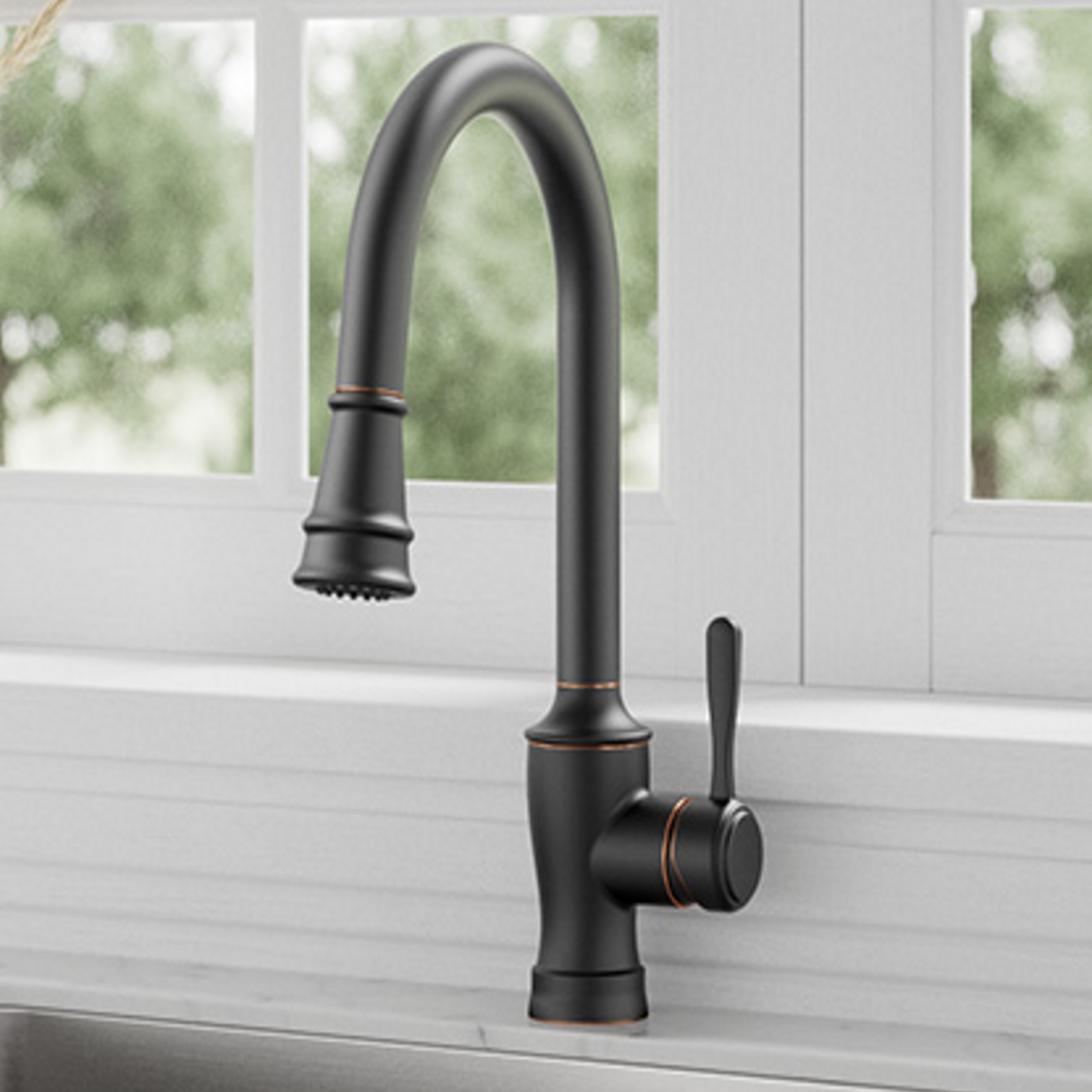 allen + roth FP4AF296OB Theo Oil Rubbed Bronze Single Handle Deck-mount Pull-down Kitchen Faucet with Sprayer ( Deck Plate Included )