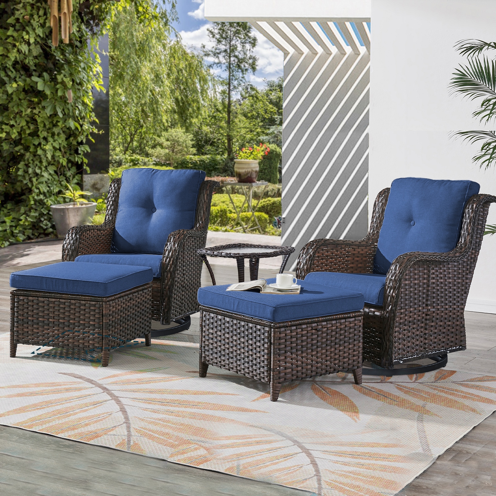  PA035014-1 PAnorama Series 5 -Piece Wicker Patio Conversation Set with Navy Cushions