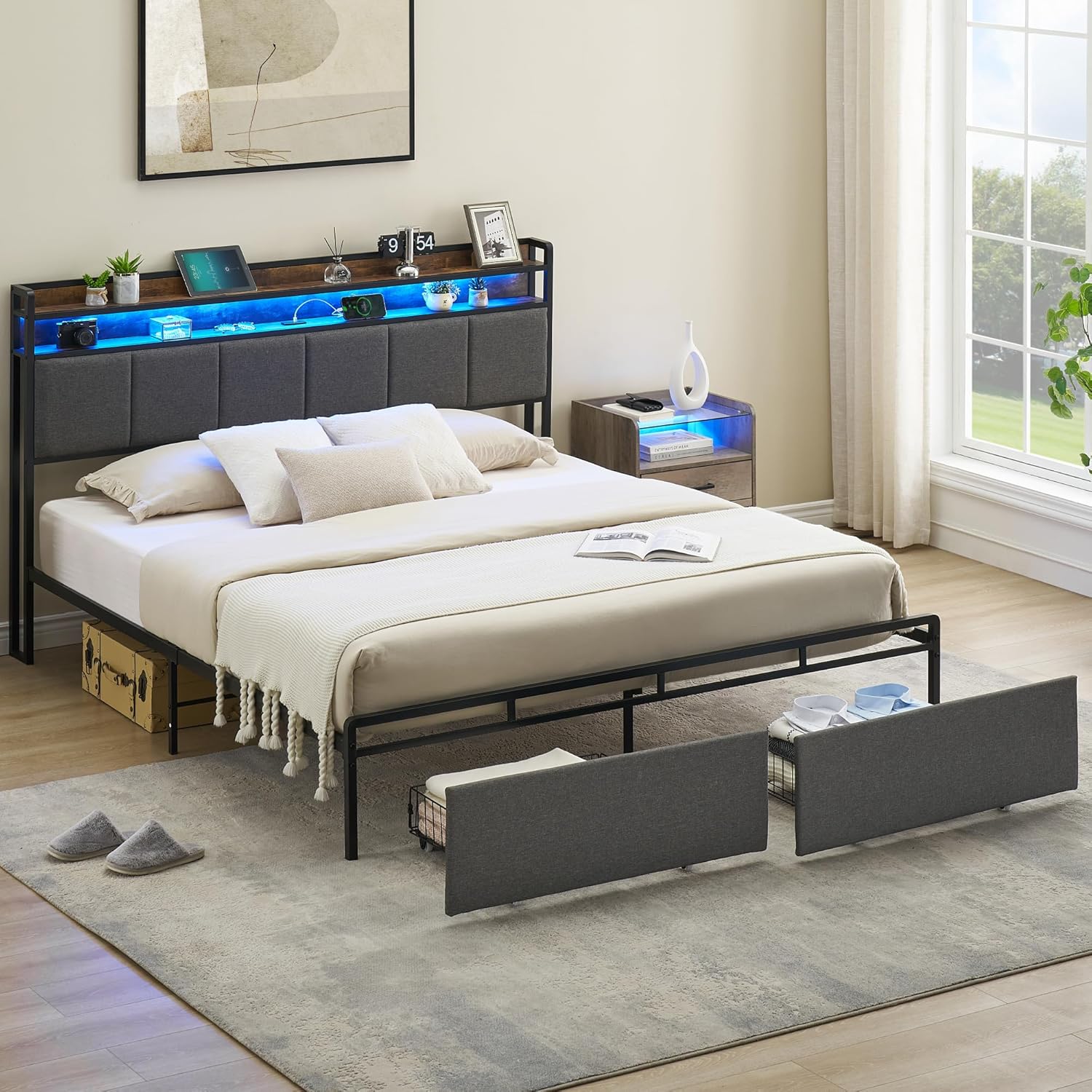 Qeetex LHF-BED-PHO-10MACO59 Queen Size Bed Frame with Storage Headboard LED Lights Platform Bed Frame with Charging Station Metal Bed Frame with 2 Drawers No Box Spring Needed Noise-Free Easy Assembly Brown