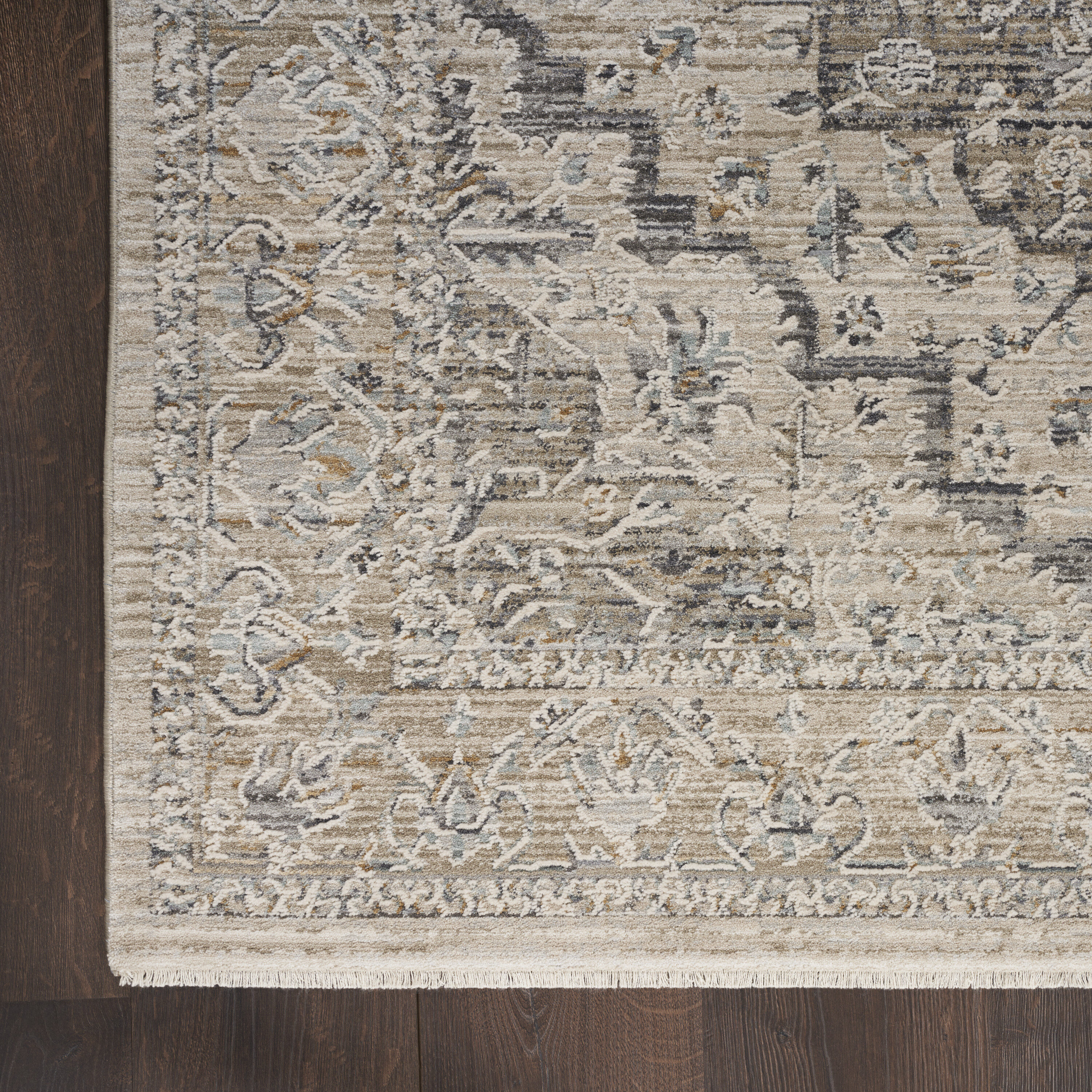 Ivory Taupe Floral Synthetic Round Washable Rug