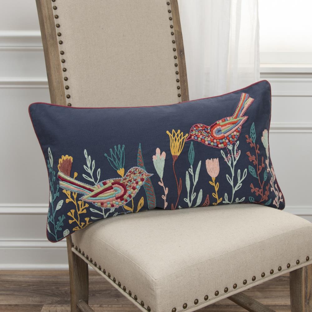 Navy Blue Embroidered Botanical Birds Lumbar Pillow