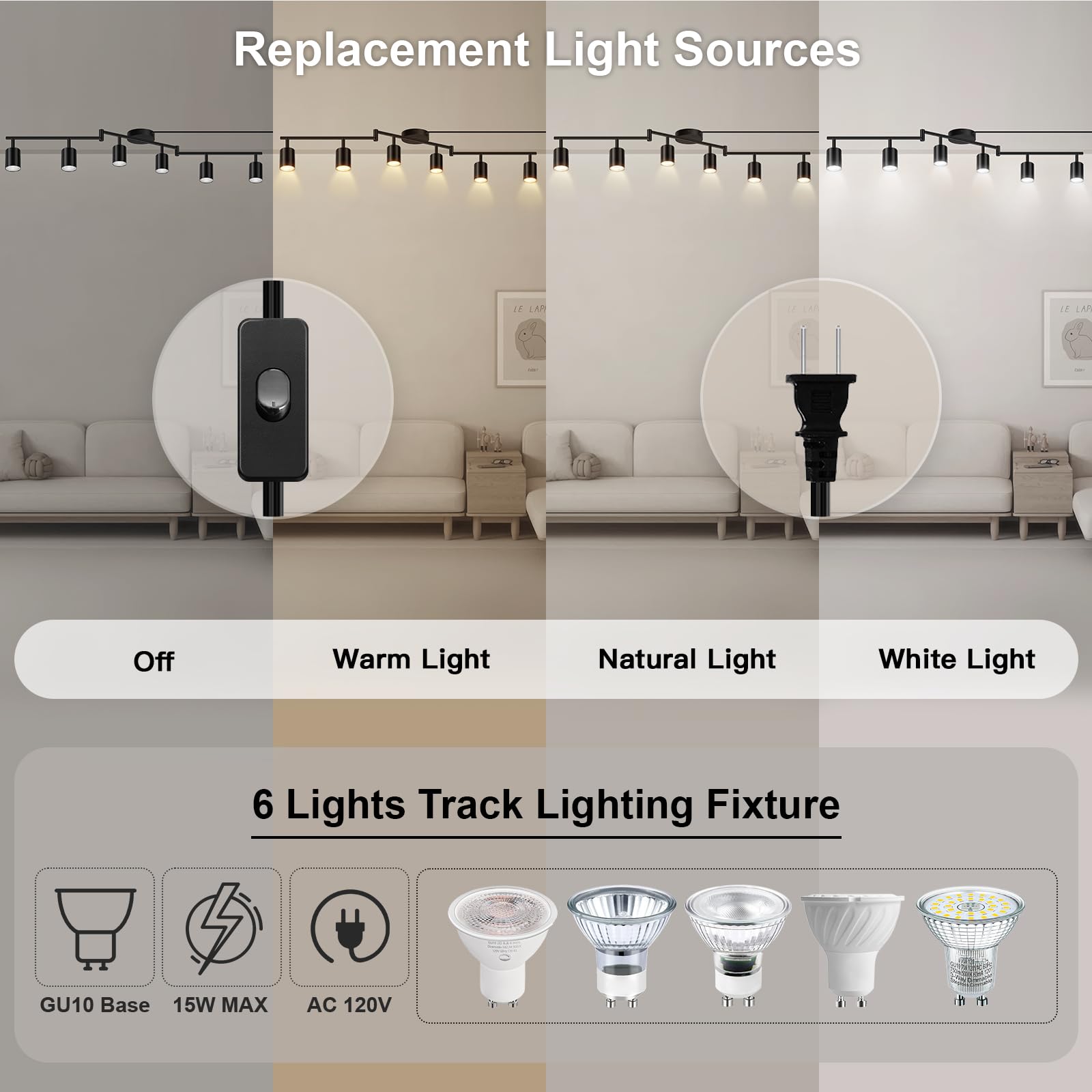 Yichuhaoxi Plug in Track Lighting LED 6 Light Kit Black Ceiling Fixture ...