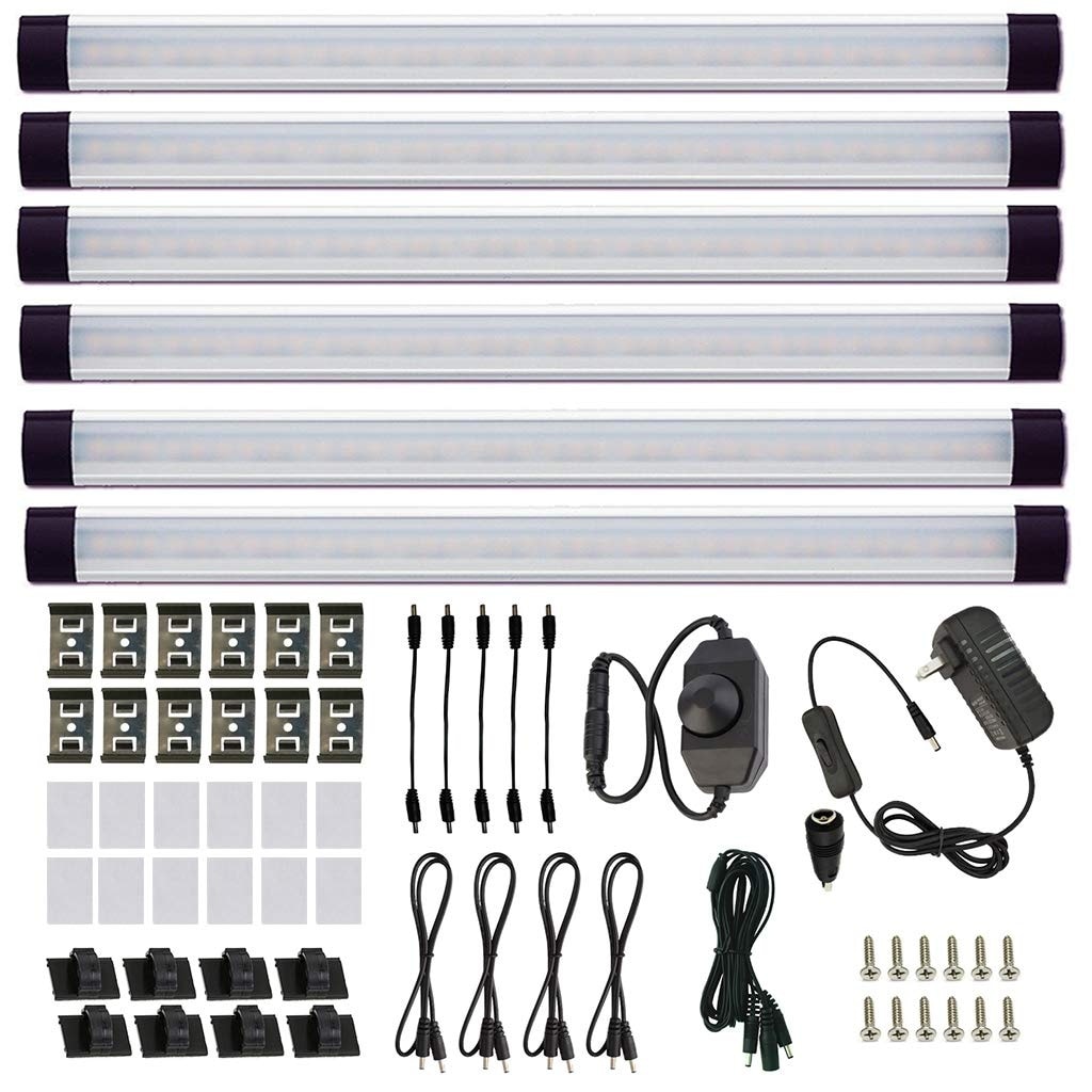 Oyezvary  6 Piece LED Under Cabinet Light Kit Plug In 12V Dimmable Switch Daylight White Slim Aluminum Bar for Kitchen Shelf Counter