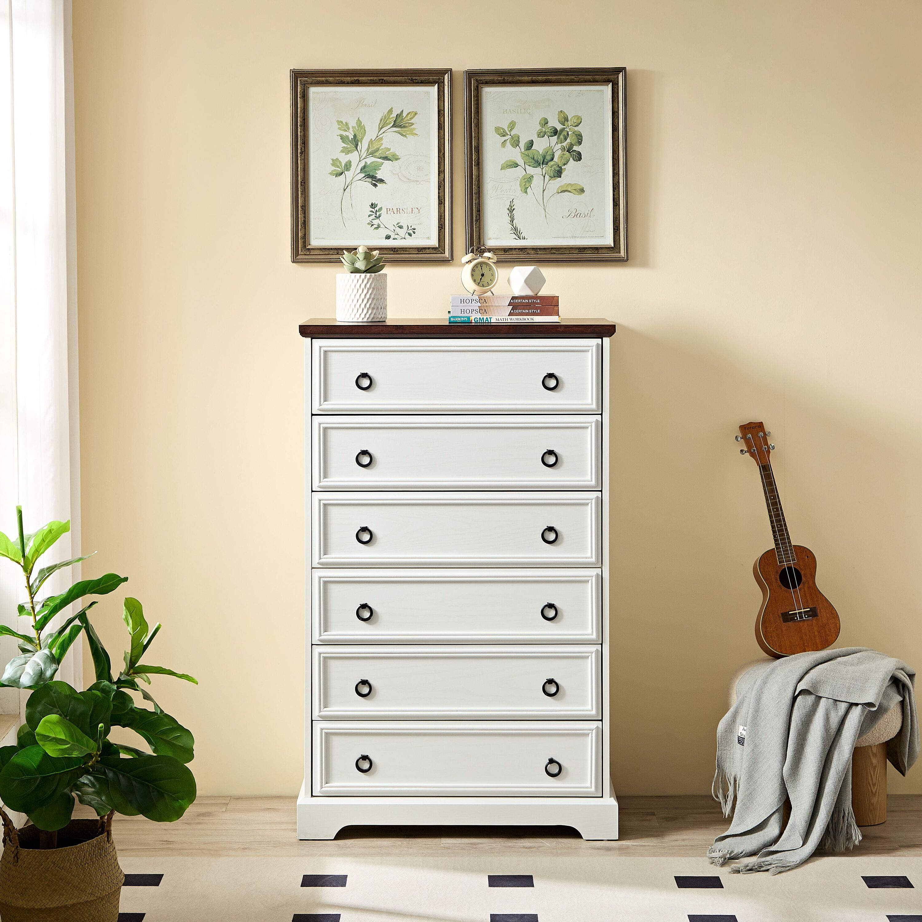 JUSHUA Modern 6 Drawer Dresser Dressers for Bedroom Tall Chest of Drawers Closet Organizers Storage Clothes Easy Pull Handle Textured Borders Living Room Hallway L 29 53/100 ft W 15 3/4 ft H 48 3/100 ft White