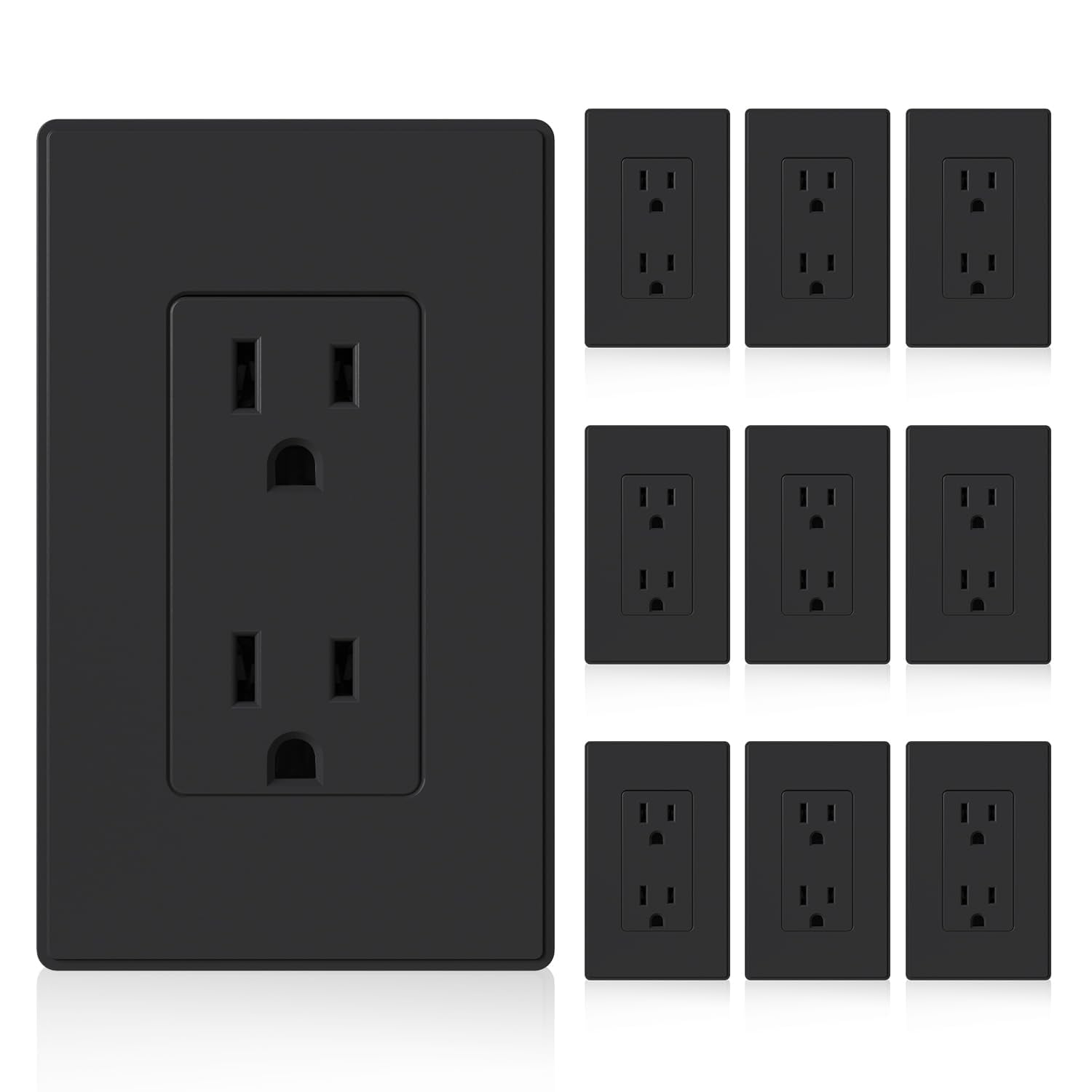 Linder Group Inc Matte Black Decorator Electrical Wall Outlet 15A 125V Standard Receptacle 2 Pole 3 Wire Non Tamper Resistant Self Grounding UL Listed Wall Plate
