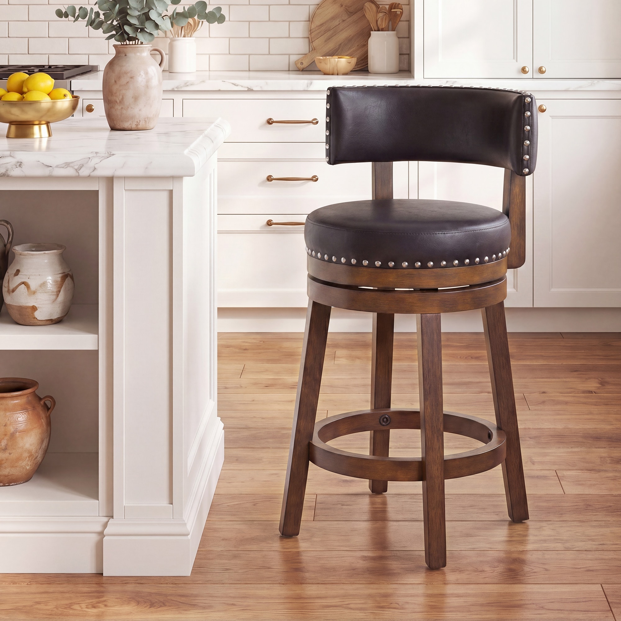 ViviHav 30-in H Dark Brown Swivel Bar Height Stool with Nailhead Trim and Solid Wood Frame