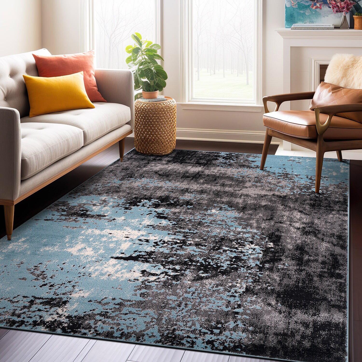 Blue and Gray Abstract 8' x 10' Synthetic Area Rug