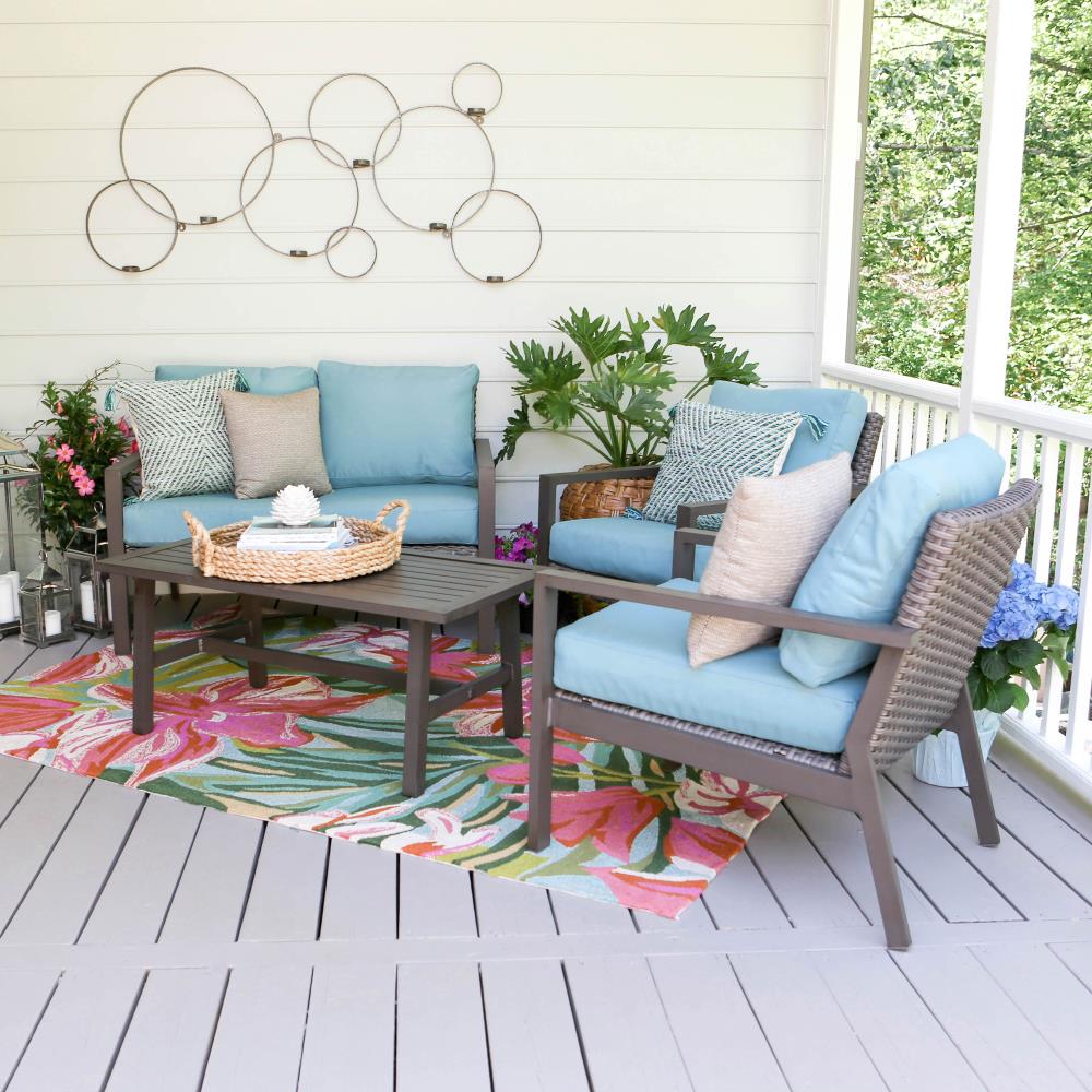 Leisure Made 301890-BLU Preston 4-Piece Wicker Patio Conversation Set with Blue Cushions