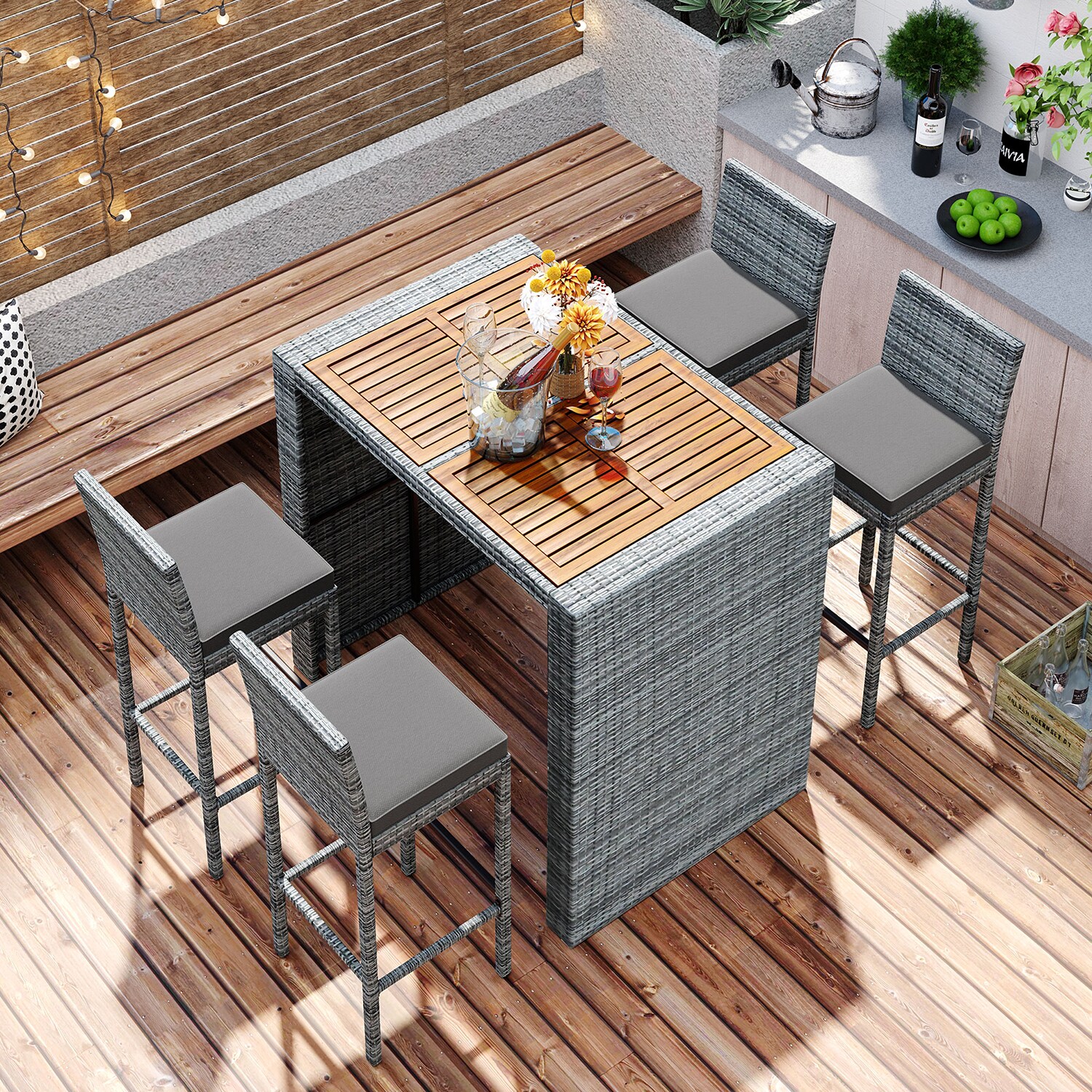 Dimakai DK-07SL4C1TS8 5 -Piece Gray Rattan Bar Height Patio Dining Set Wood Rectangle Table with 4 Gray Cushions Stationary Chairs