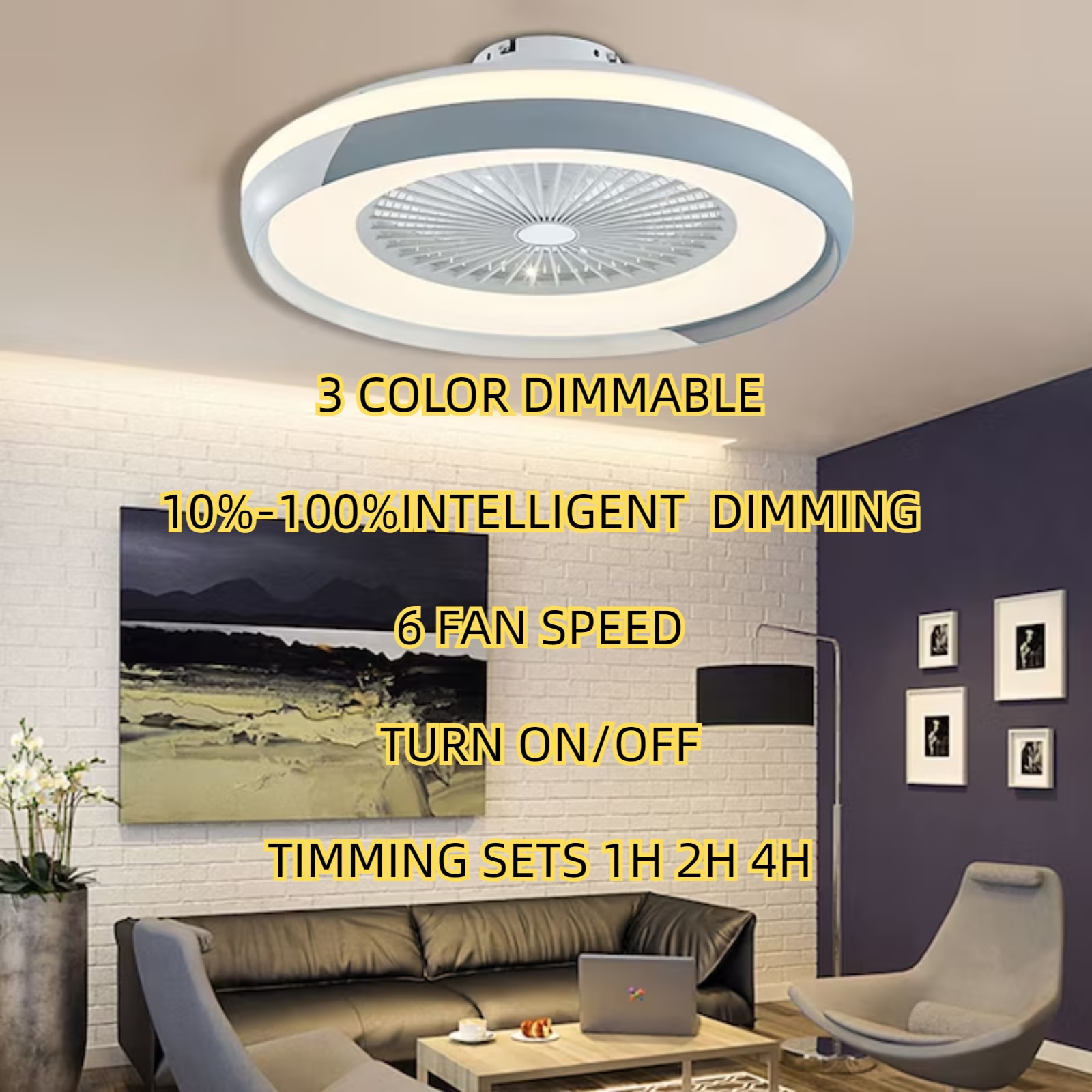 Oukaning HG-HCXLST-3042-US-BT 20-in Color-Changing Integrated LED Flush Mount White and Gray Round DC with ABS Blades Bladeless Ceiling Fan With Light - Remote Included ( 5 -Blade )