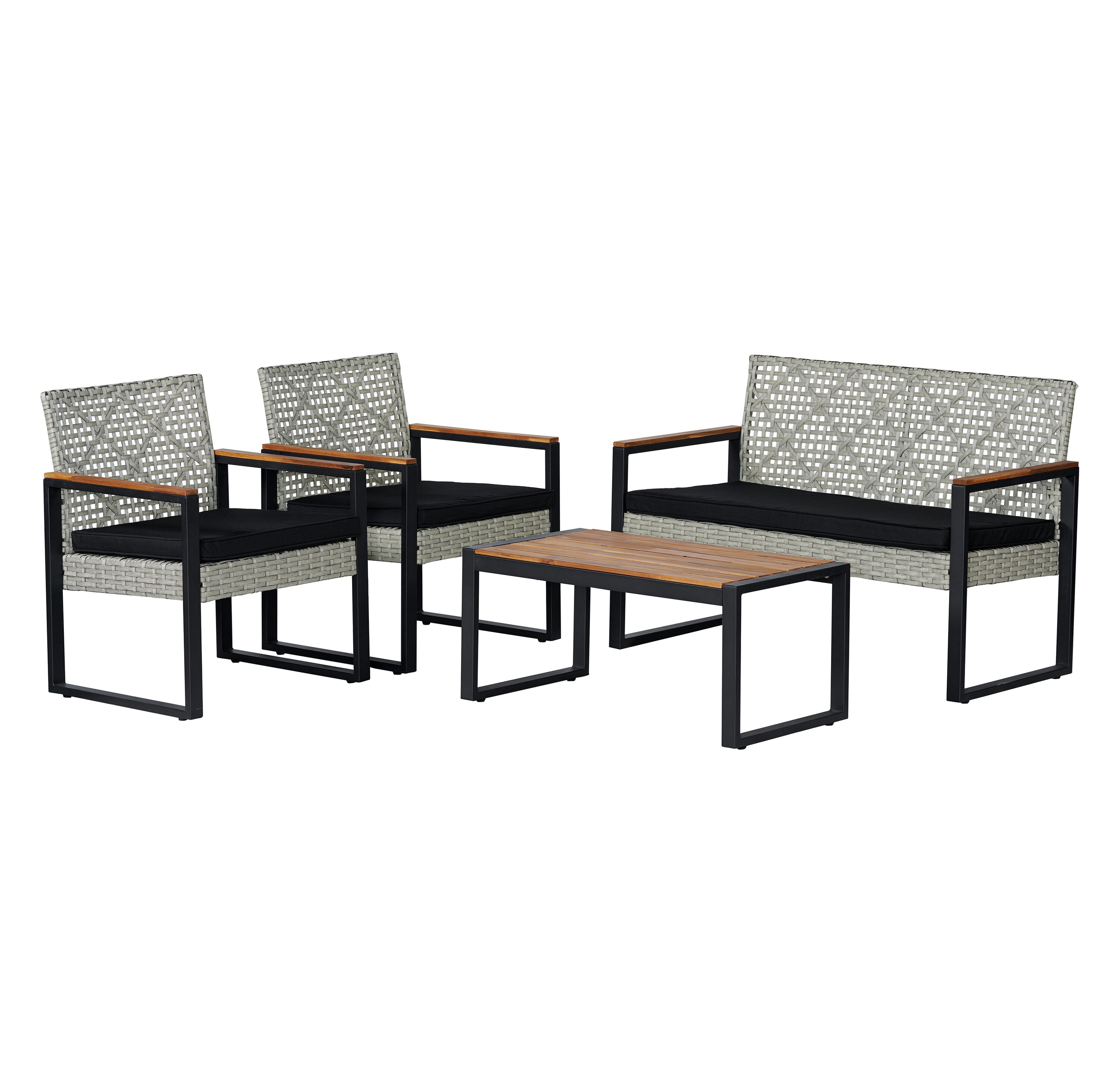 JONATHAN  Y LVG1102C-4SET Wilder Modern Coastal 4 -Piece Wicker Patio Conversation Set with Black Cushions