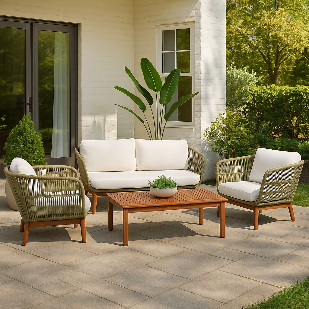 Teamson Home THF0924GR 4 -Piece Patio Conversation Set with White Cushions