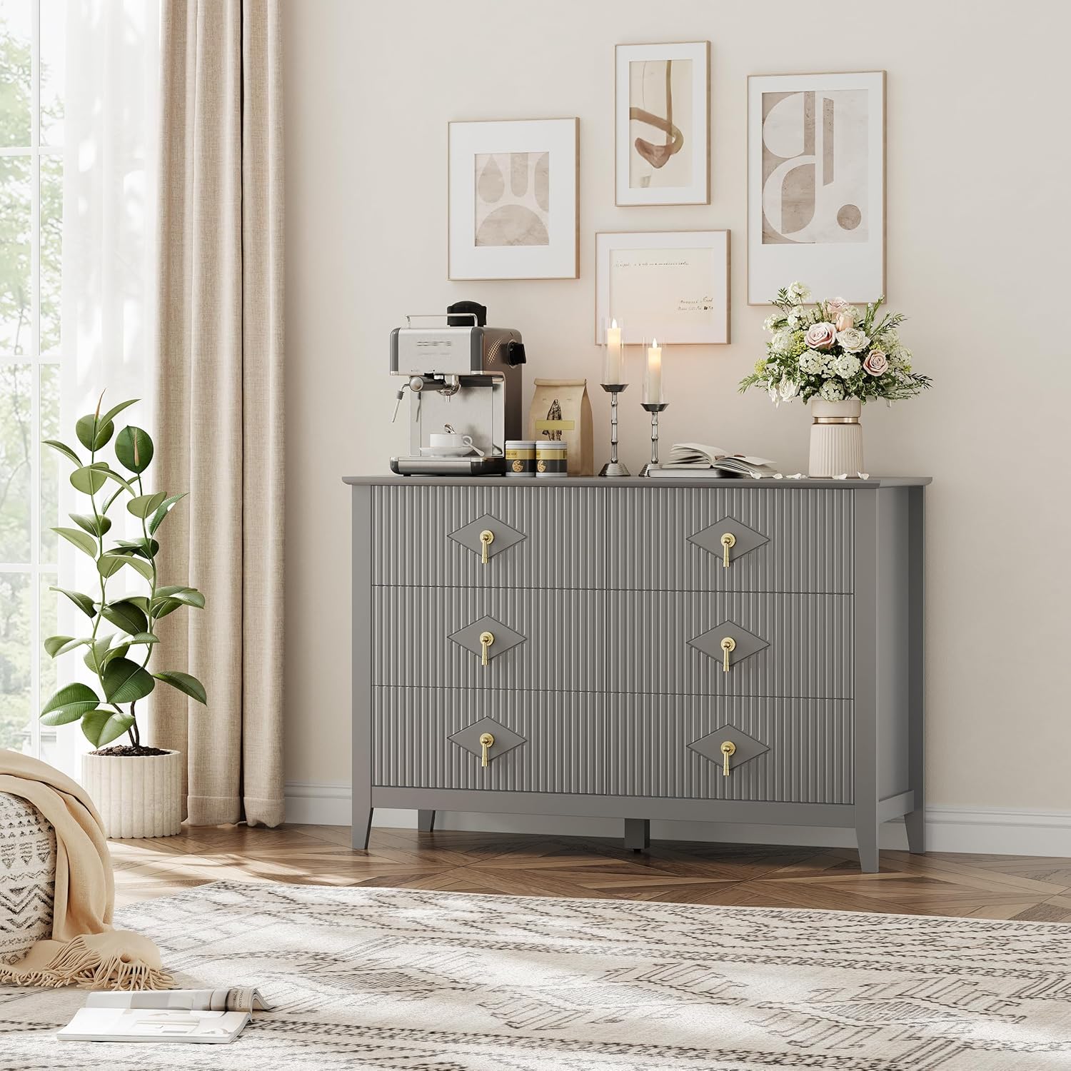 Garvee Fluted Dresser 47 Inch Wide Storage Organizer Cabinet for Living Room Hallway Entryway Grey in the Kitchen Cabinets department at