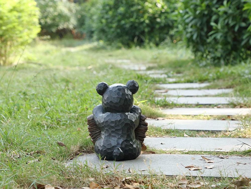 Black Polyresin Bear Cub Garden Statue with Welcome Sign