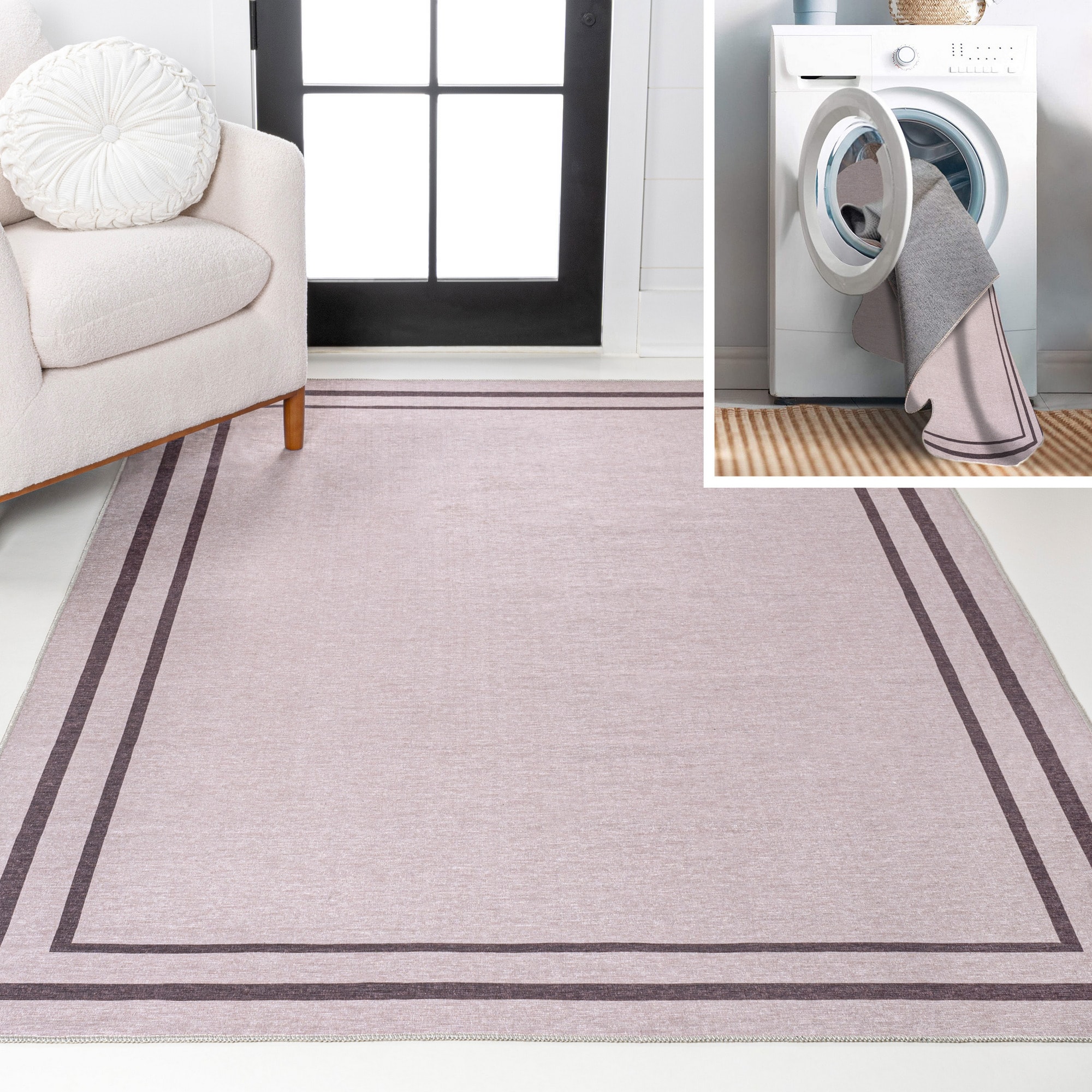 JONATHAN  Y WSH125D-3 WASHABLE Sloane 2-Stripe Border 3 x 5 (ft) Loomed Chenille Light Purple/Dark Purple Rectangular Indoor Coastal Machine washable Area rug